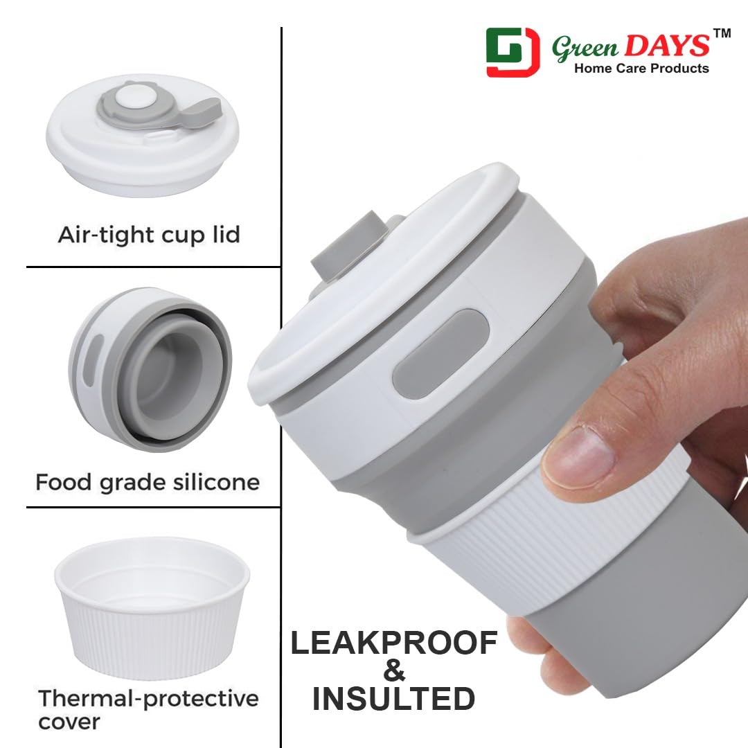 Eco-Friendly Collapsible Travel Mug - BPA Free Food Grade Silicone Thermos for Hot & Cold Drinks (350ml, Grey) - Perfect for Camping, Hiking, Office & Commuting - Foldable Cup with Leak-Proof Lid