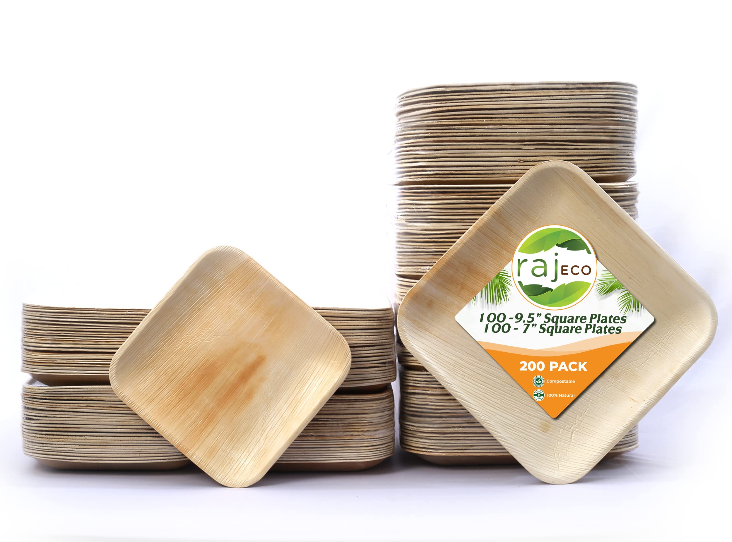 Eco-Friendly Raj Palm Leaf Plates - 100% Biodegradable & Compostable Disposable Tableware for Wedding, Party, Camping, BBQ - 200 Pack (9.5