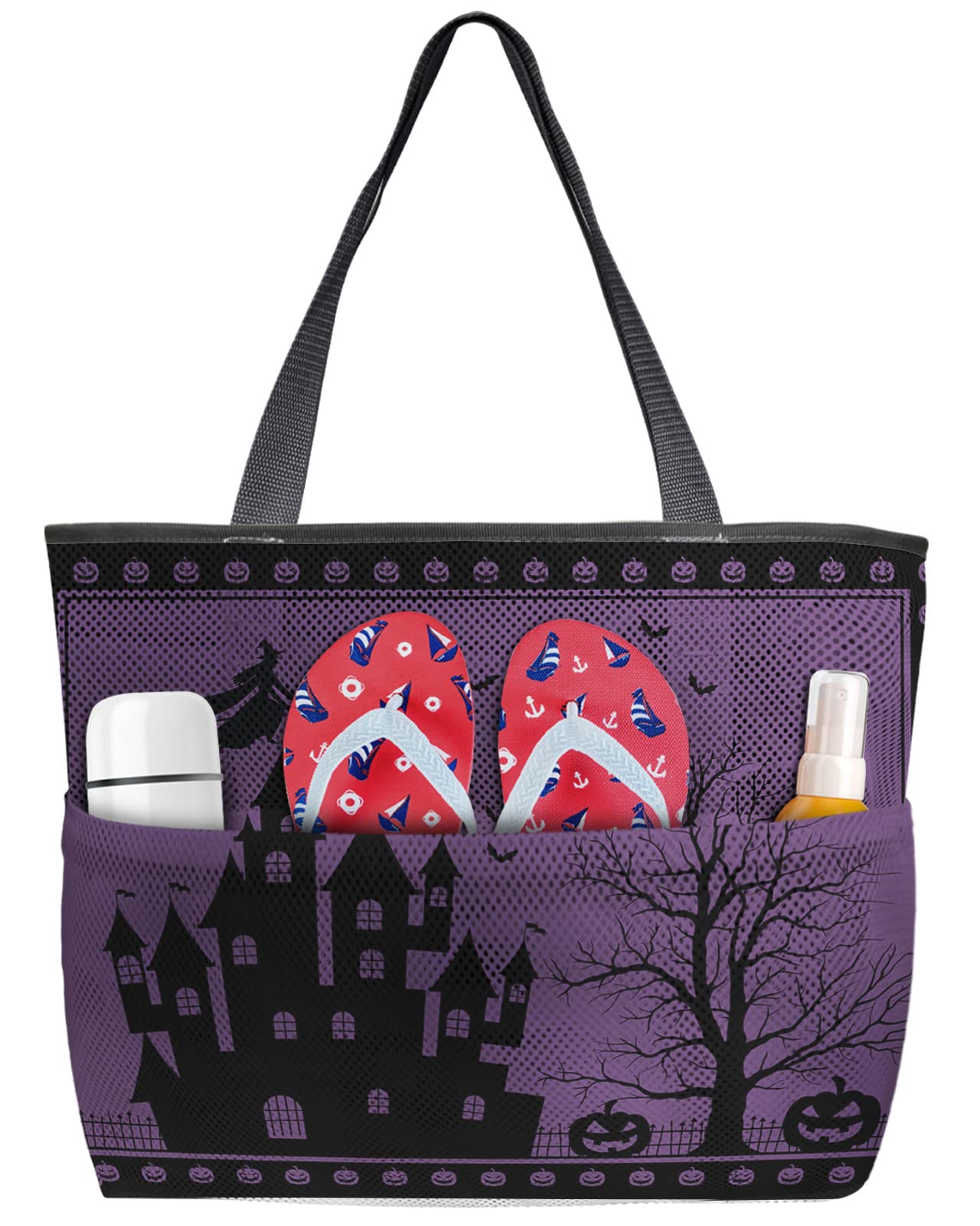 Mesh Beach Bag for Women - Halloween Horror Theme with Black Witch Castle & Dead Trees Design - Large 8-Pocket Tote for Pool, Travel & Shopping - Perfect for Beach Outings, Halloween Parties & Summer Vacations