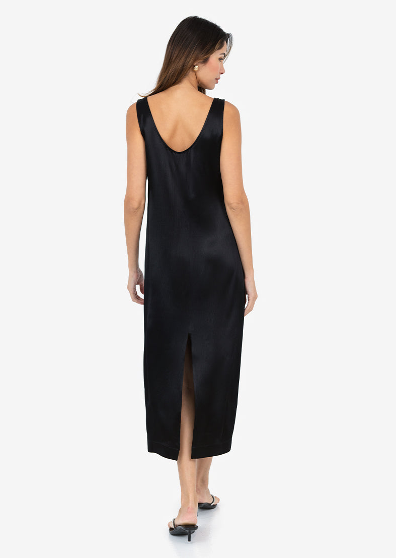 Shiny Black Plisse Midi Dress for Women - Elegant Party & Evening Wear for Special Occasions