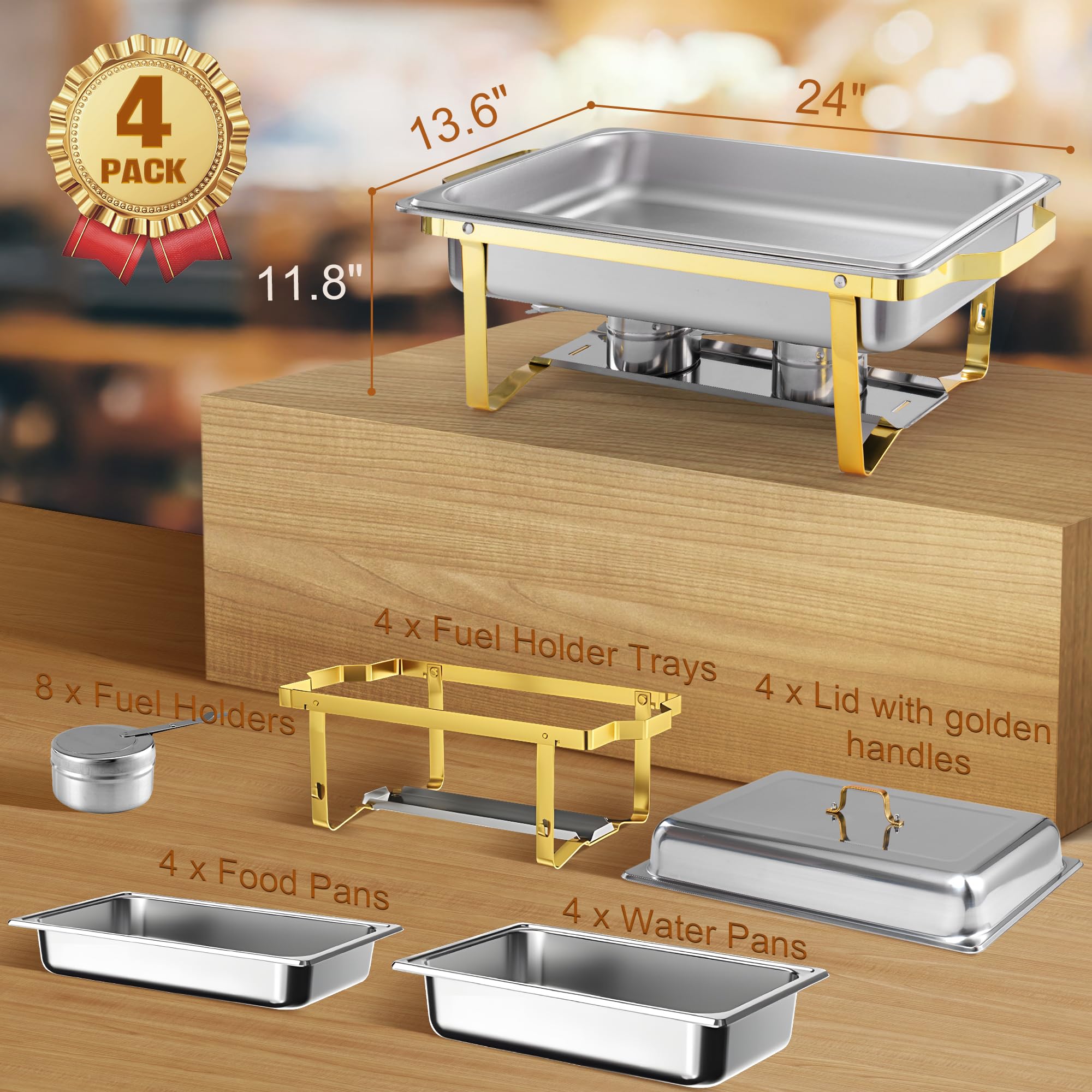 Premium 9.5QT Stainless Steel Chafing Dish Set (4-Pack) - Gold Rectangular Buffet Serving Trays with Heating & Cooling Function - Perfect for Banquets, Weddings, Catering, Parties & Events