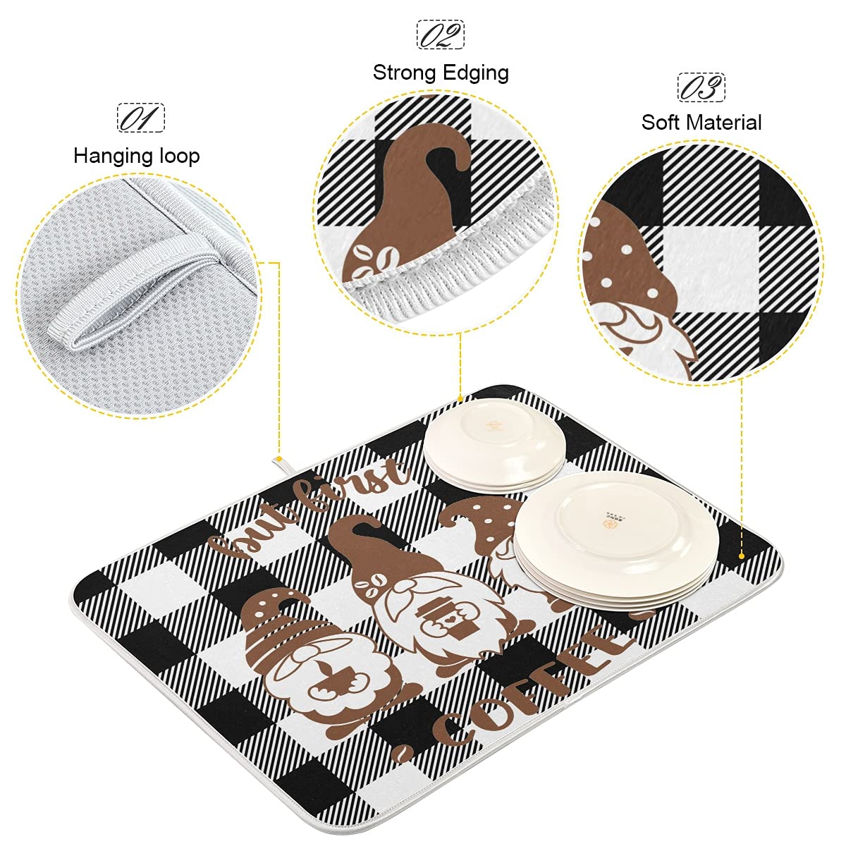 Absorbent Microfiber Coffee Gnome Plaid Dish Drying Mat - 16x18 Inch Kitchen Counter Decor, Drainer Pad for Dishes & Utensils | Perfect for Farmhouse, RV & Small Space Kitchens