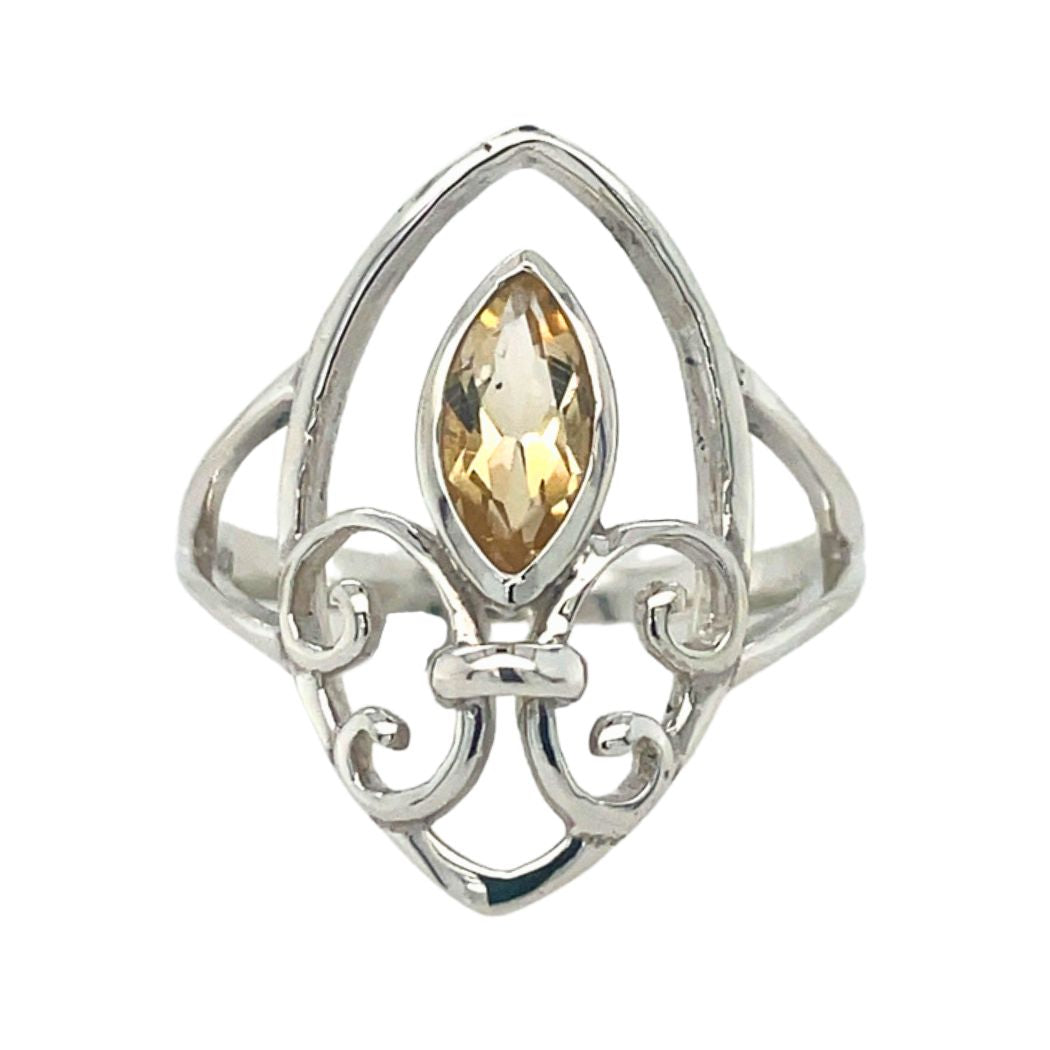 Citrine Fleur de Lis Sterling Silver Ring for Women - Elegant 925 Silver Jewelry Gift for Birthday, Anniversary & Special Occasions