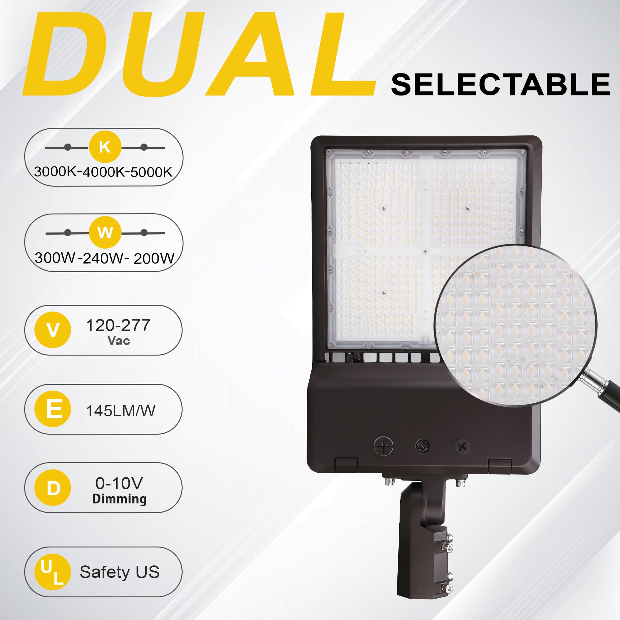 300W/240W/200W Commercial LED Parking Lot Light - 43500LM High Output Outdoor Area Lighting - 3000K/4000K/5000K Adjustable Color Temperature - Slip Fitter Mount for Roadways, Stadiums, Sports Fields, Barns & Warehouses - Durable Industrial Shoebox LED Light Fixture