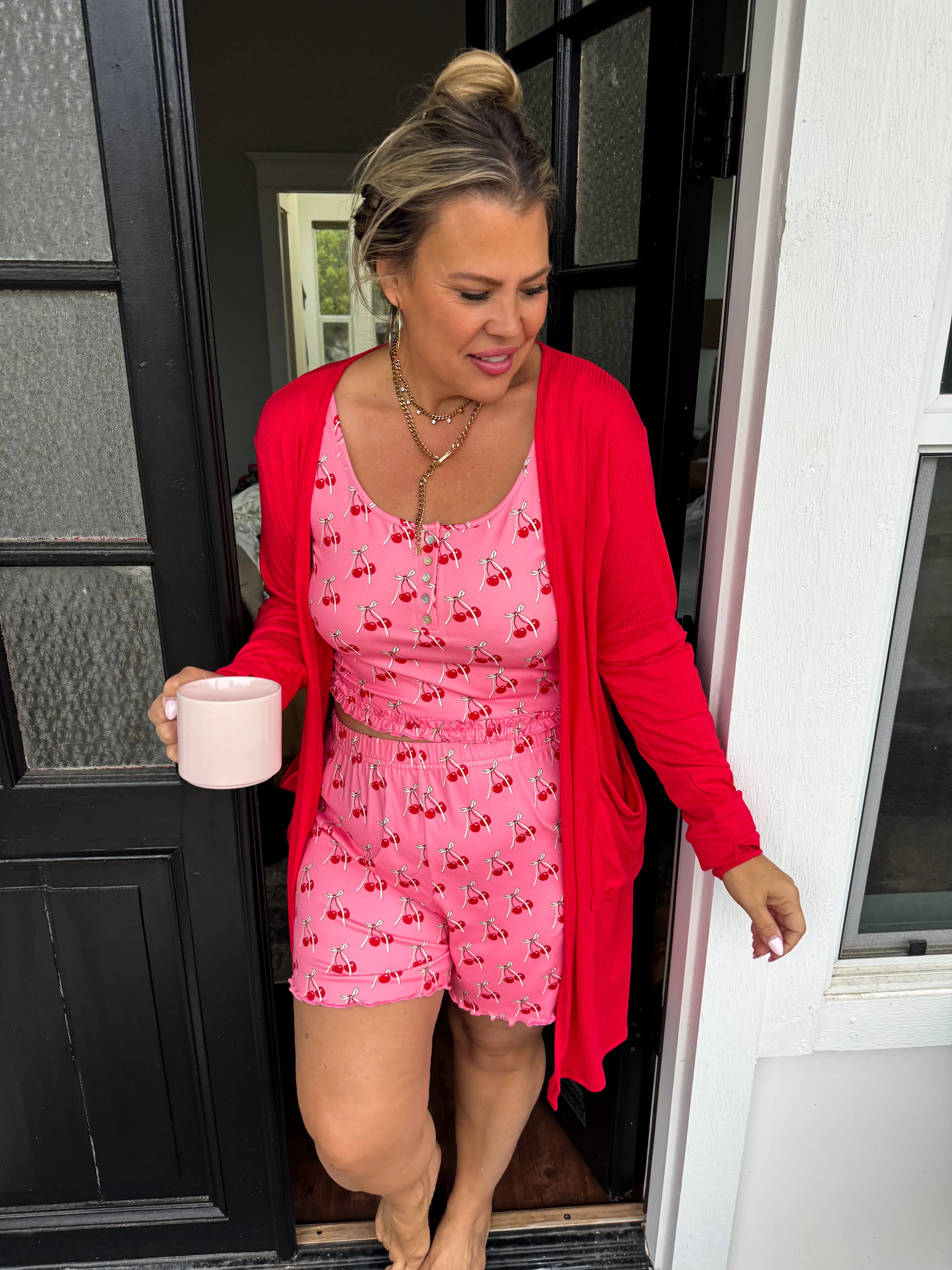 **PREORDER: Adorable Cherry & Bows Pajama Set for Women - Soft & Comfortable Sleepwear for Cozy Nights & Loungewear**