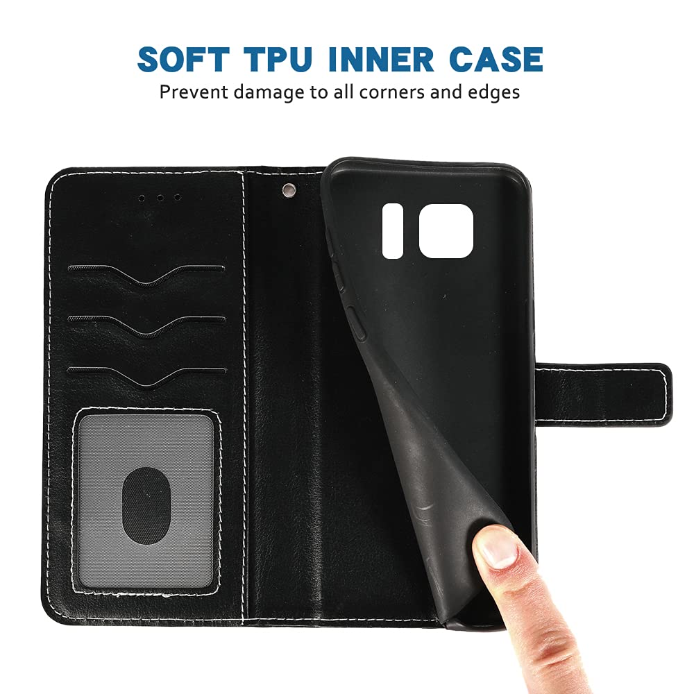 Samsung Galaxy S7 Wallet Case with Wrist Strap & Card Holder - Leather Flip Cover Stand Case for Galaxy S7/S7 Edge (SM-G930V/G930A) - Perfect for Work, Travel & Everyday Use (Black)