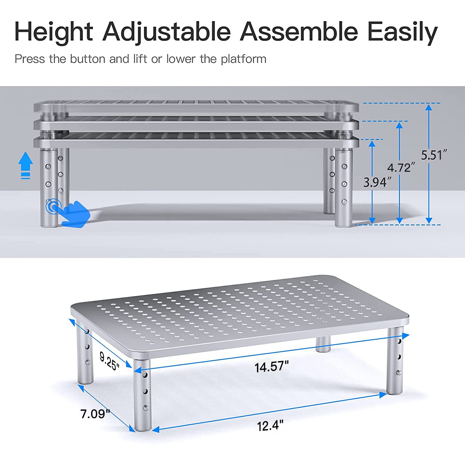 HUANUO Adjustable Monitor Stand - 3 Height Settings Ergonomic Laptop Riser for Computer, iMac, PC, Printer | Durable Metal Design with Ventilated Mesh Platform | Perfect for Home Office & Workspace Organization