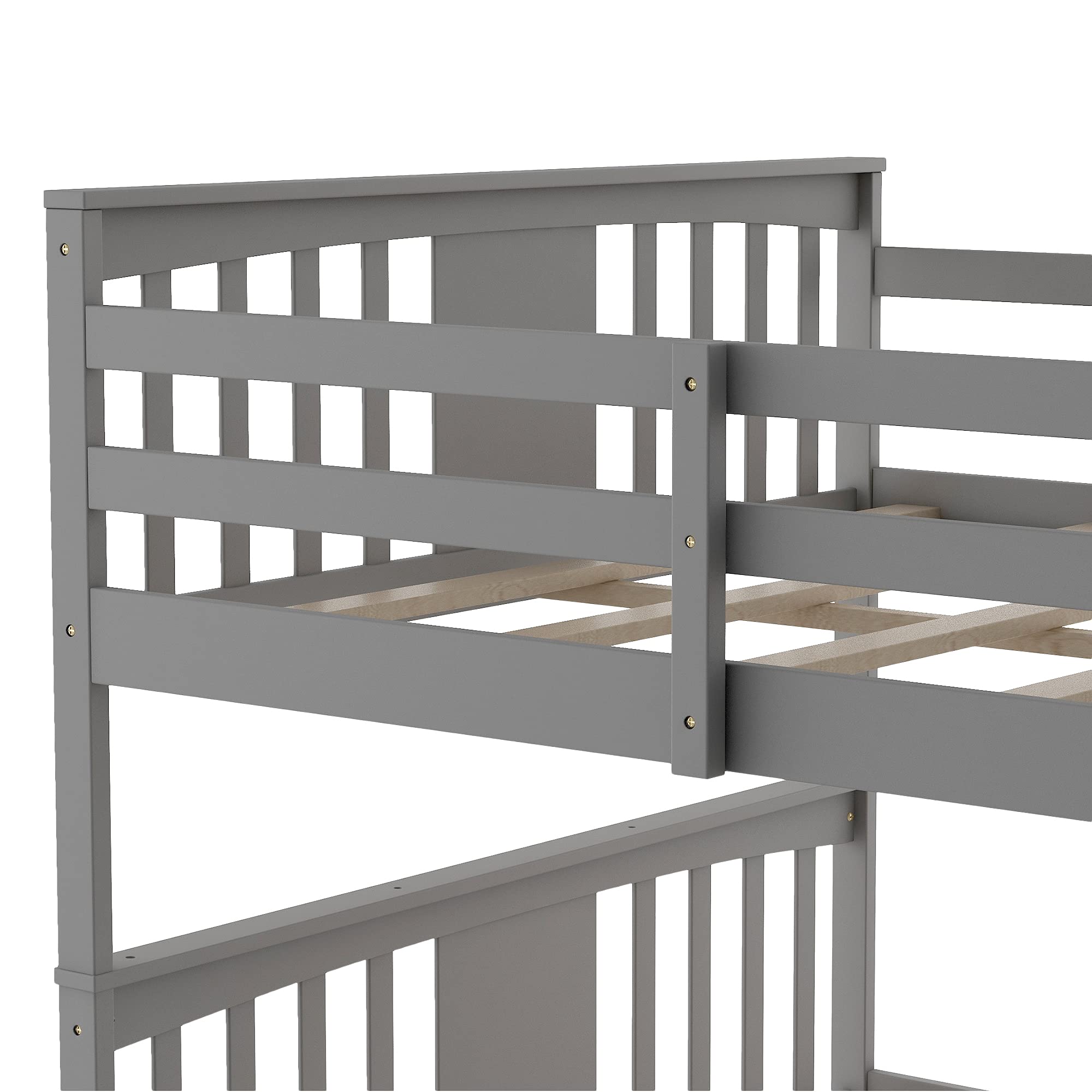 Full Over Full Wooden Bunk Bed for Kids & Toddlers with Built-in Ladder & Safety Guard Rails - Gray Twin Bunk Bed Frame for Boys Girls Bedroom, Dormitory, or Small Space Saving Kids Room Furniture
