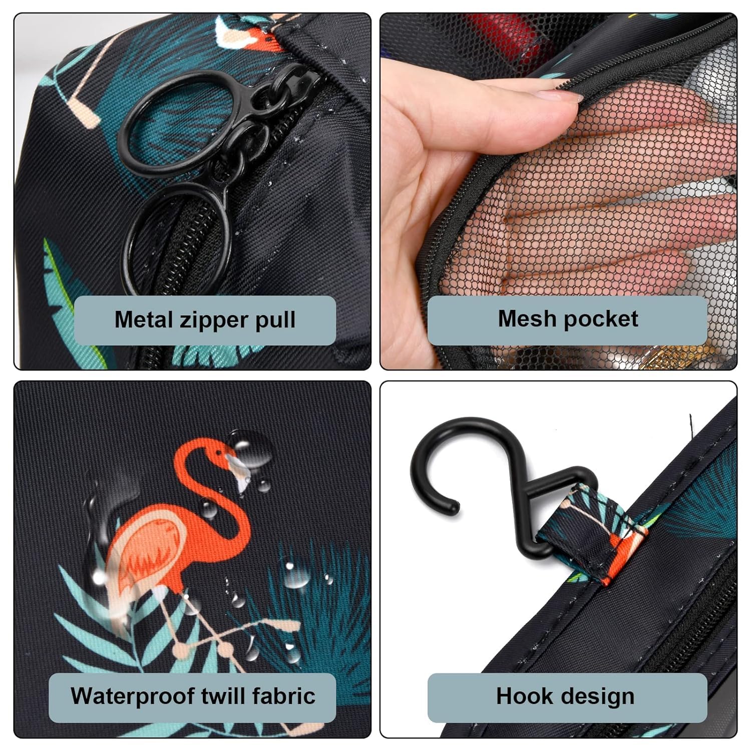 Waterproof Nylon Travel Toiletry Bag for Men & Women - Hanging Cosmetic Organizer with Multiple Pockets, Makeup & Shaving Kit Pouch (Black Flamingo, 8.5