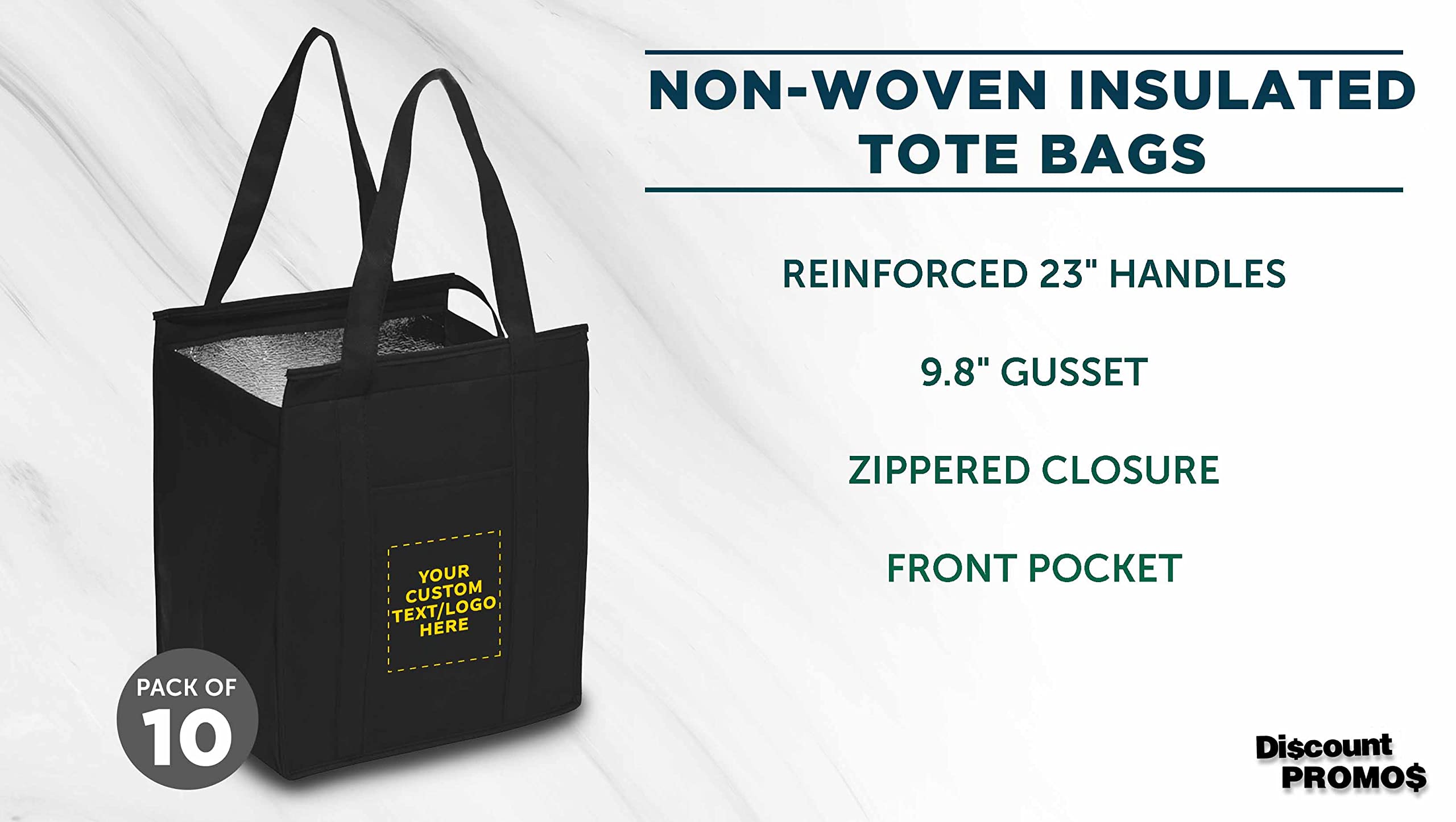 Custom Non-Woven Insulated Tote Bags Bulk Pack - 10 Reusable Personalized Grocery Bags for Picnic, Camping, Beach & Outdoor Activities - Eco-Friendly Shopping & Lunch Bags - Black