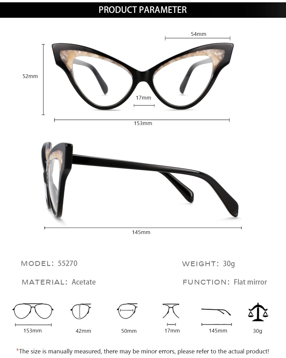 CCspace Unisex Full Rim Oversized Cat Eye Acetate Eyeglasses 55270 - Retro Fashion Glasses for Women & Men - Perfect for Office, Reading, and Stylish Everyday Wear