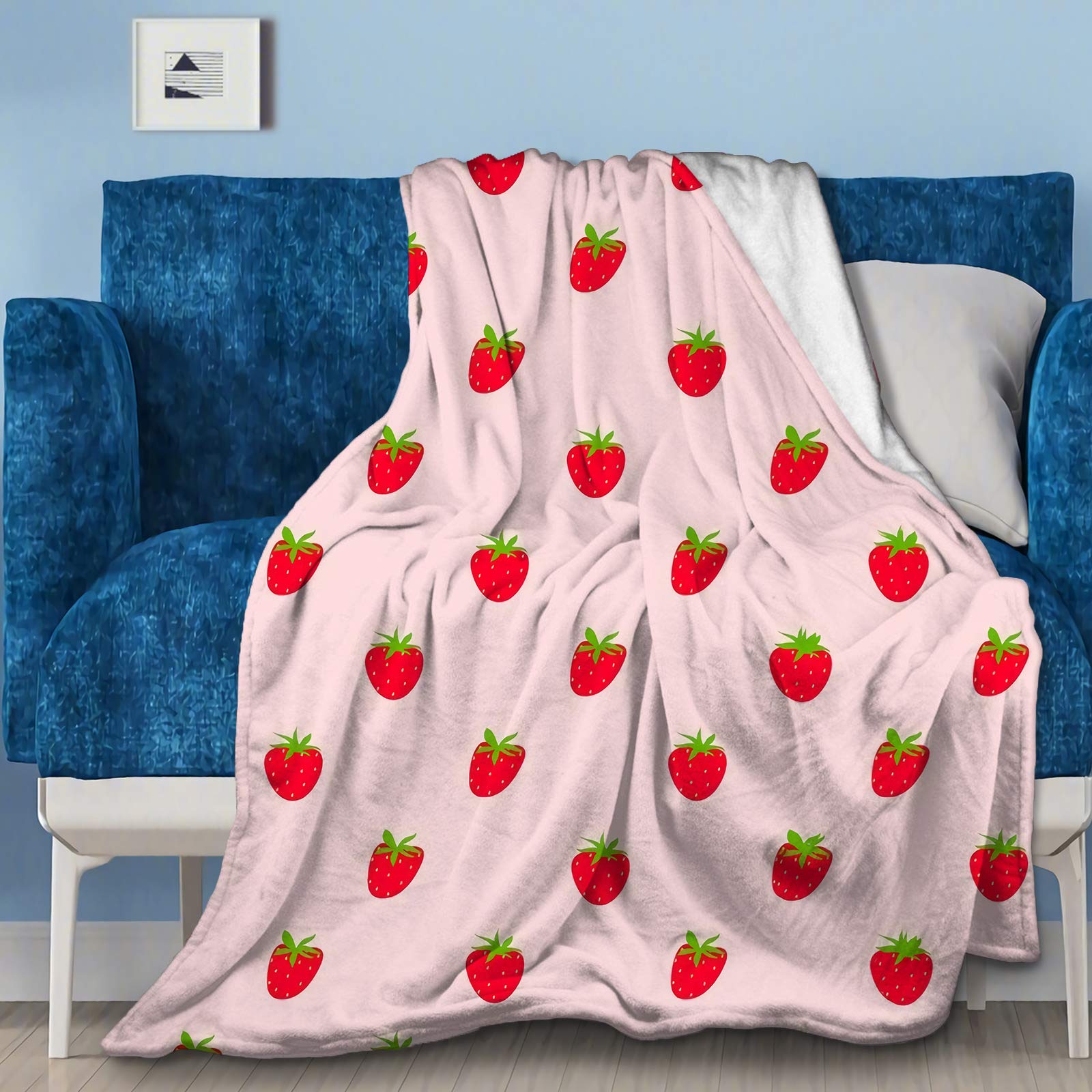 Cozy Pink Strawberry Print Flannel Blanket - Ultra Soft Plush Fleece Throw for All Seasons (50