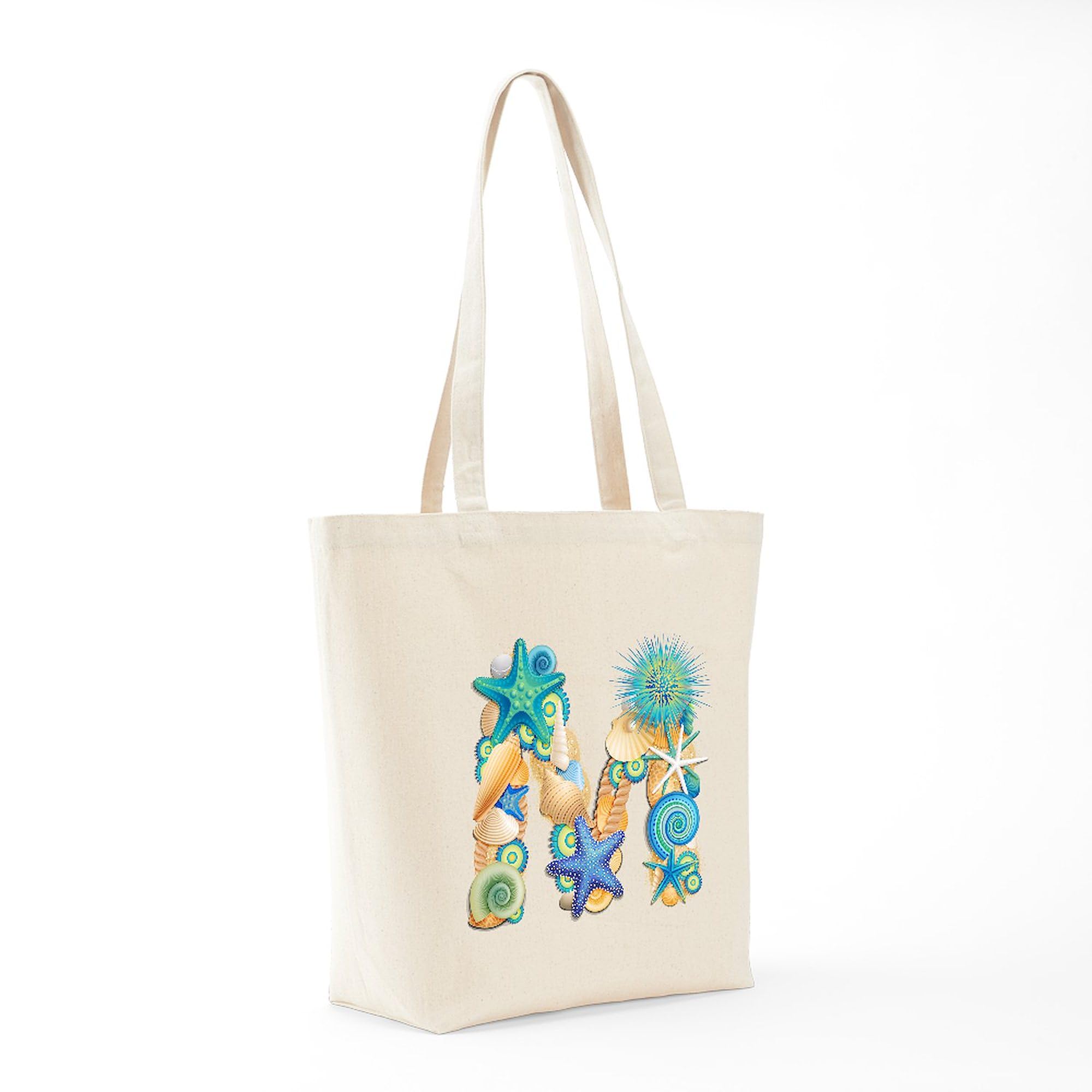 Personalized Initial M Beach Tote Bag - Natural Canvas Reusable Shopping Bag for Beach Trips, Groceries & Everyday Use