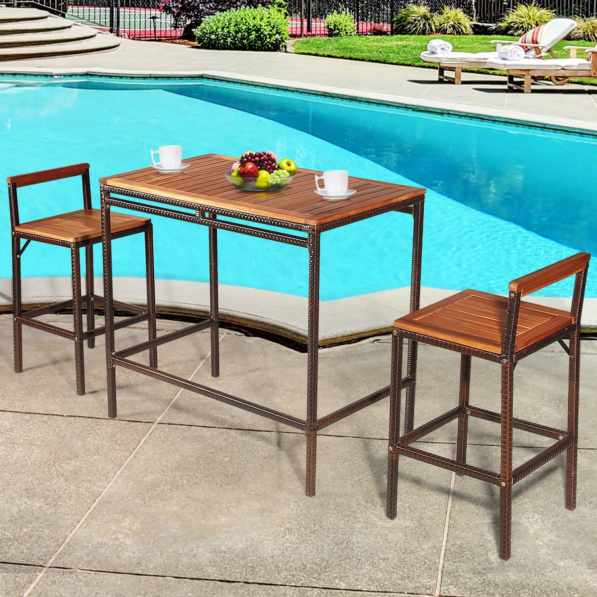 Tangkula 3-Piece Outdoor Bar Table Set - Acacia Wood Top Rattan Bistro Set with 2 Bar Stools for Patio, Backyard, Balcony & Dining Room | Perfect for Outdoor Entertaining, Alfresco Dining & Small Space Decor