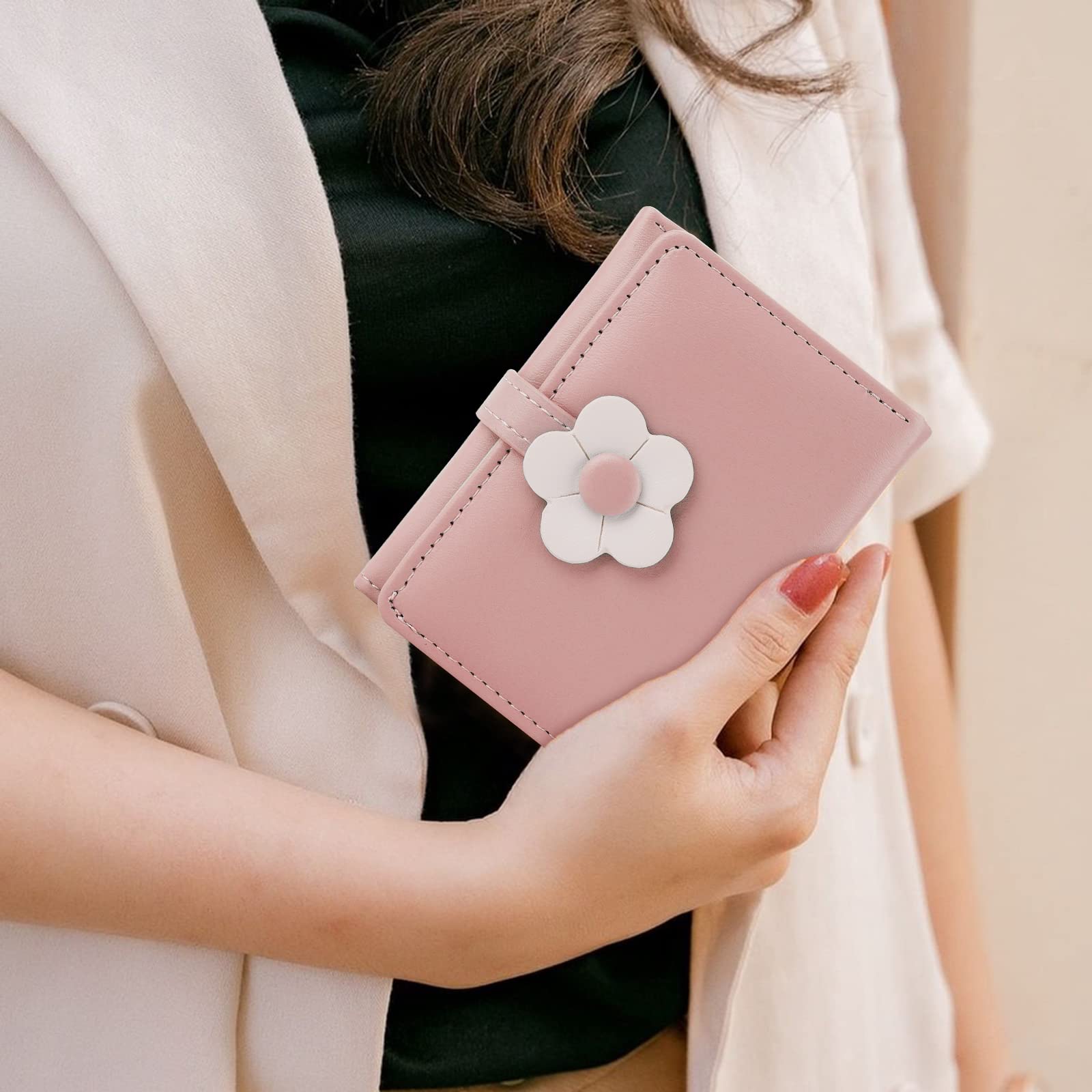 Cute PU Leather Trifold Wallet for Teen Girls - Small Flower Print Wallet with ID Window, Cash Pocket & Card Holder - Perfect for School, Travel & Everyday Use (Women & Girls)