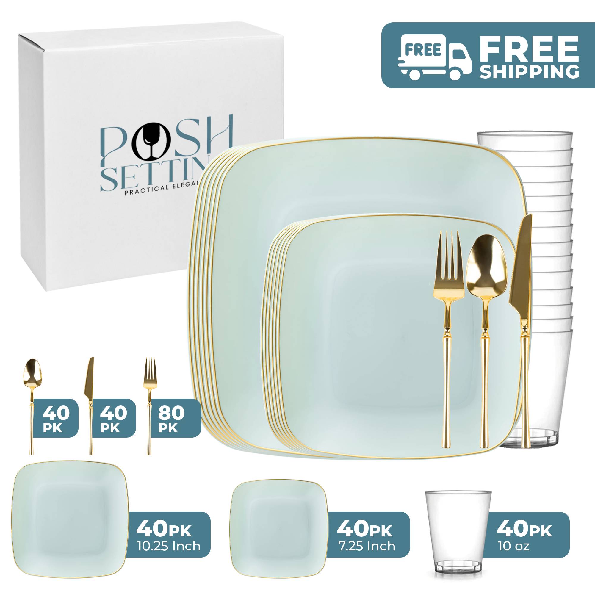 Turquoise and Gold Plastic Party Bundle - Classic Square Plates, Cups, and Napkins for Birthday, Wedding, and Holiday Celebrations