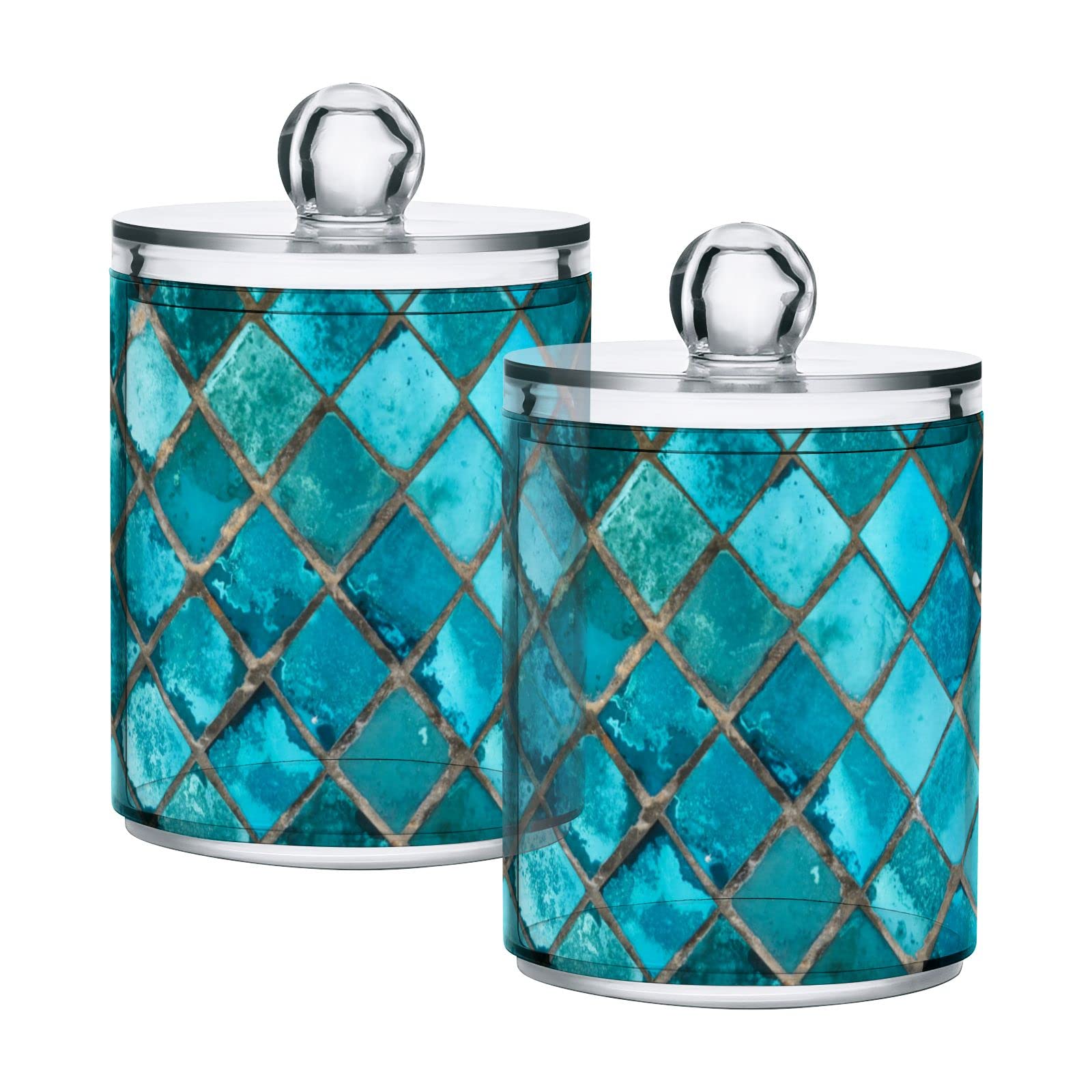 Teal Square Glass Mosaic Seamless Texture Plastic Storage Jars with Lids - Set of 2 (10 oz) - Translucent Food Containers for Tea, Cookies, Cotton Swabs - Perfect for Kitchen Pantry Organization, Bathroom Storage & Craft Supplies