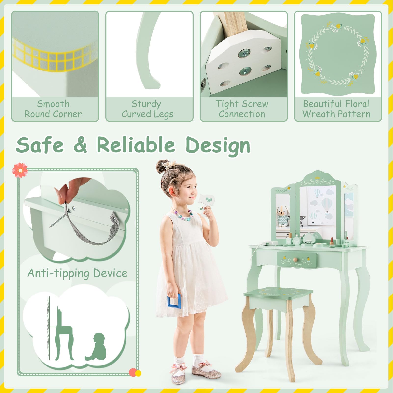 Honey Joy Kids Vanity Set - Wooden Makeup Table & Chair for Toddlers - Pretend Play Dressing Toys - for Girls Bedroom Play