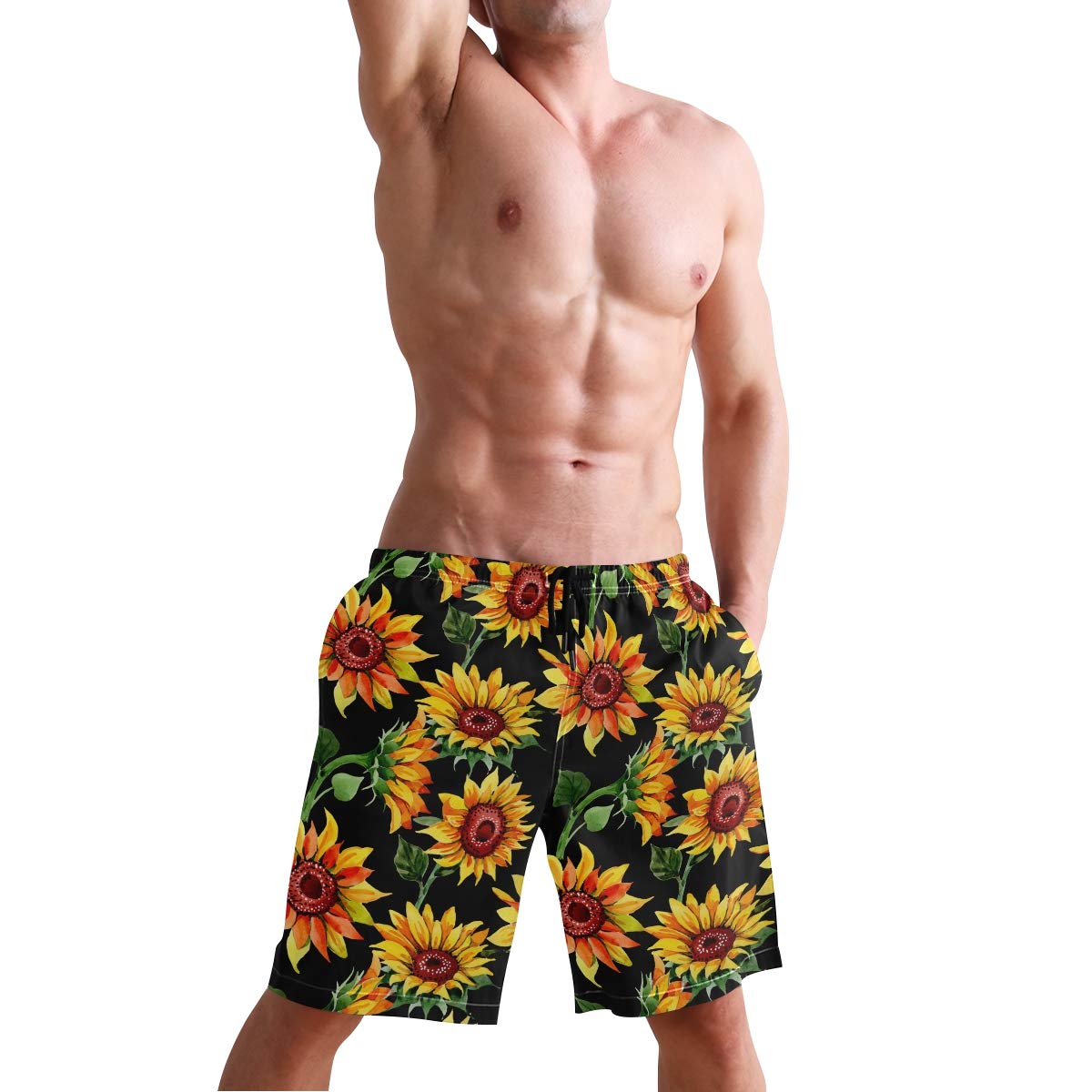 WIHVE Men's Beach Swim Trunks - Watercolor Sunflower Print Quick-Dry Board Shorts with Pockets | Swimming, Surfing, Vacation & Summer Outdoor Activities