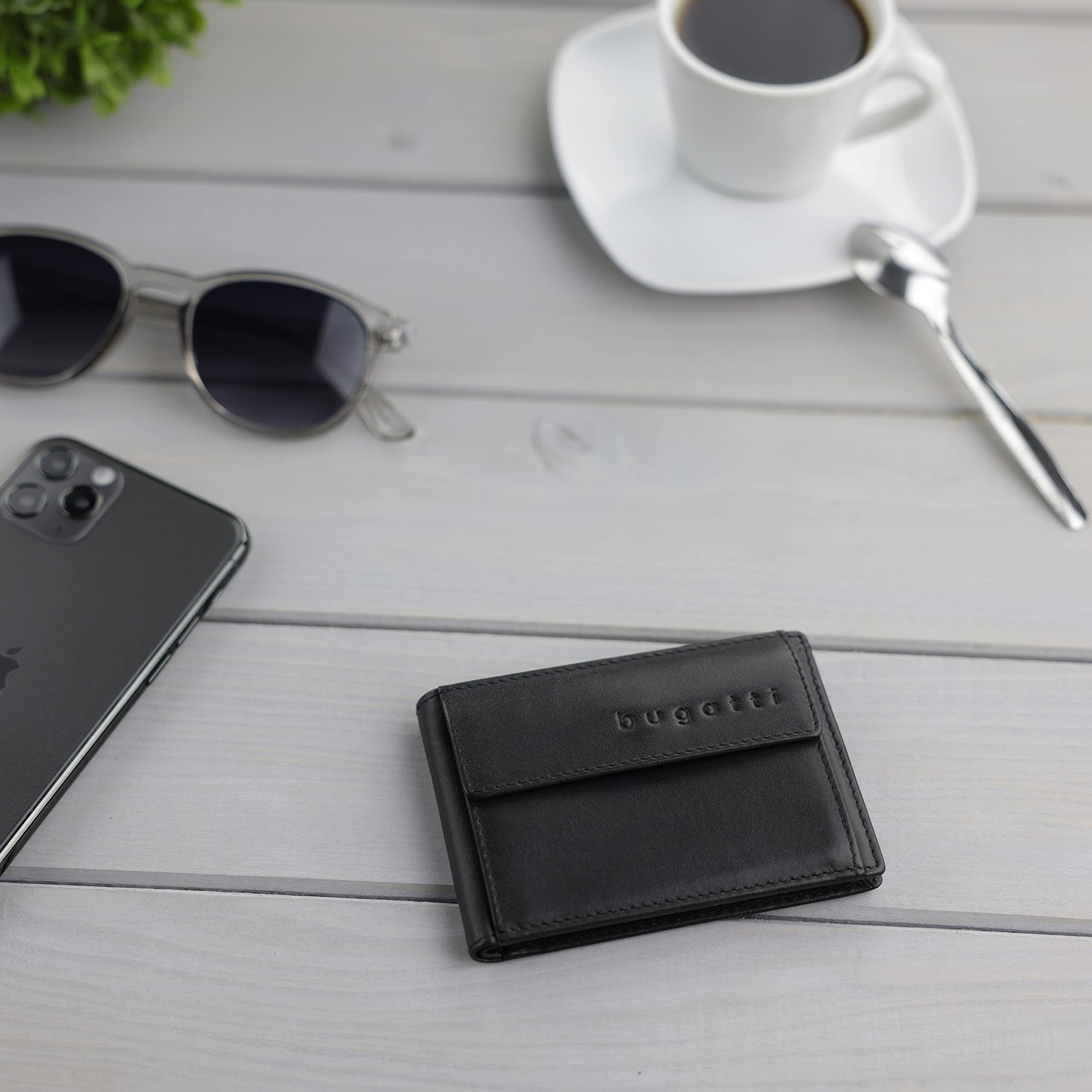 Bugatti Super Slim RFID Blocking Leather Wallet for Men - Small, Black | Compact & Secure for Everyday Use, Travel & Business
