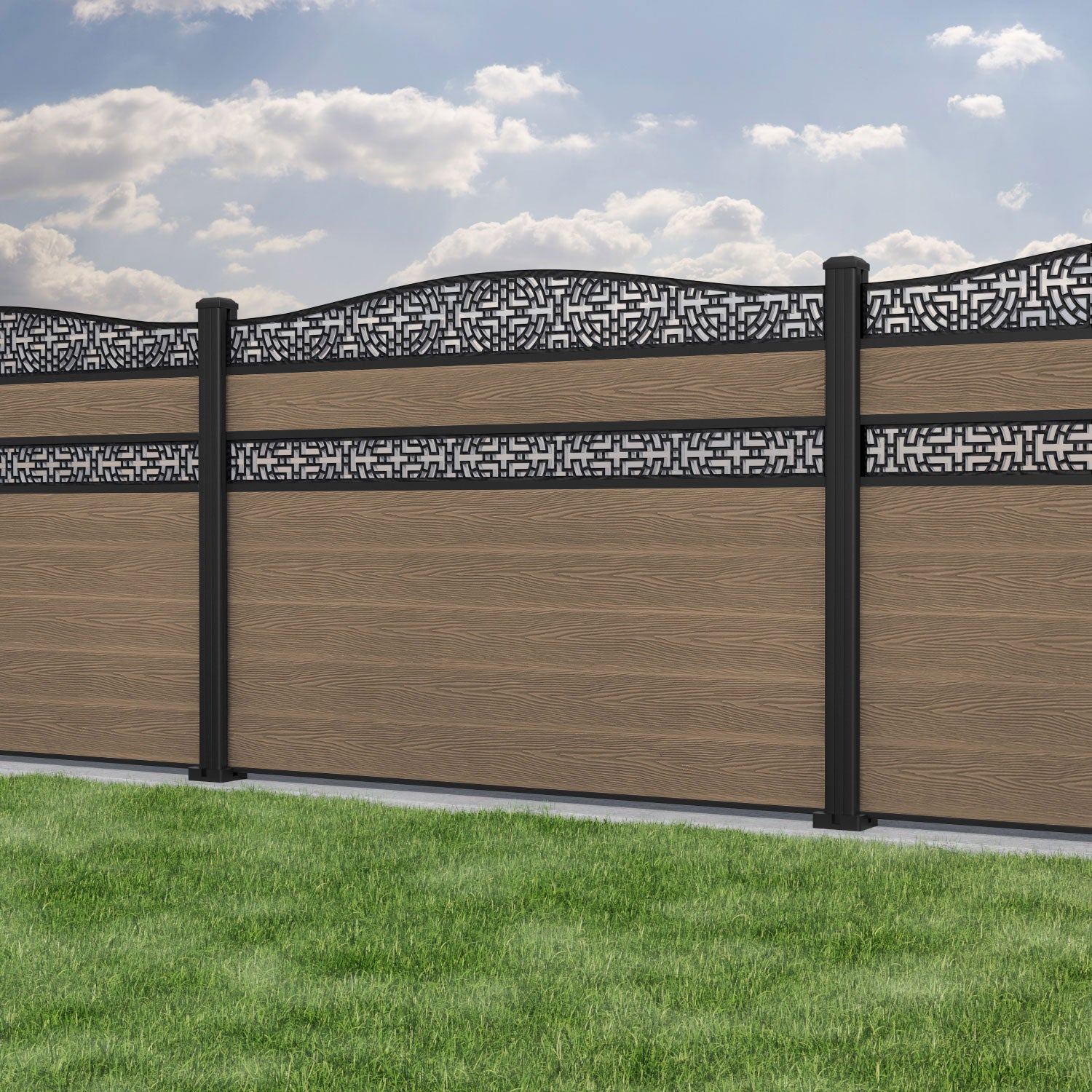 Classic Kumo Curved Top Split Screen Fence Panel in Premium Teak Wood with Durable Aluminum Posts - Perfect for Garden Privacy, Patio Decoration and Backyard Landscaping