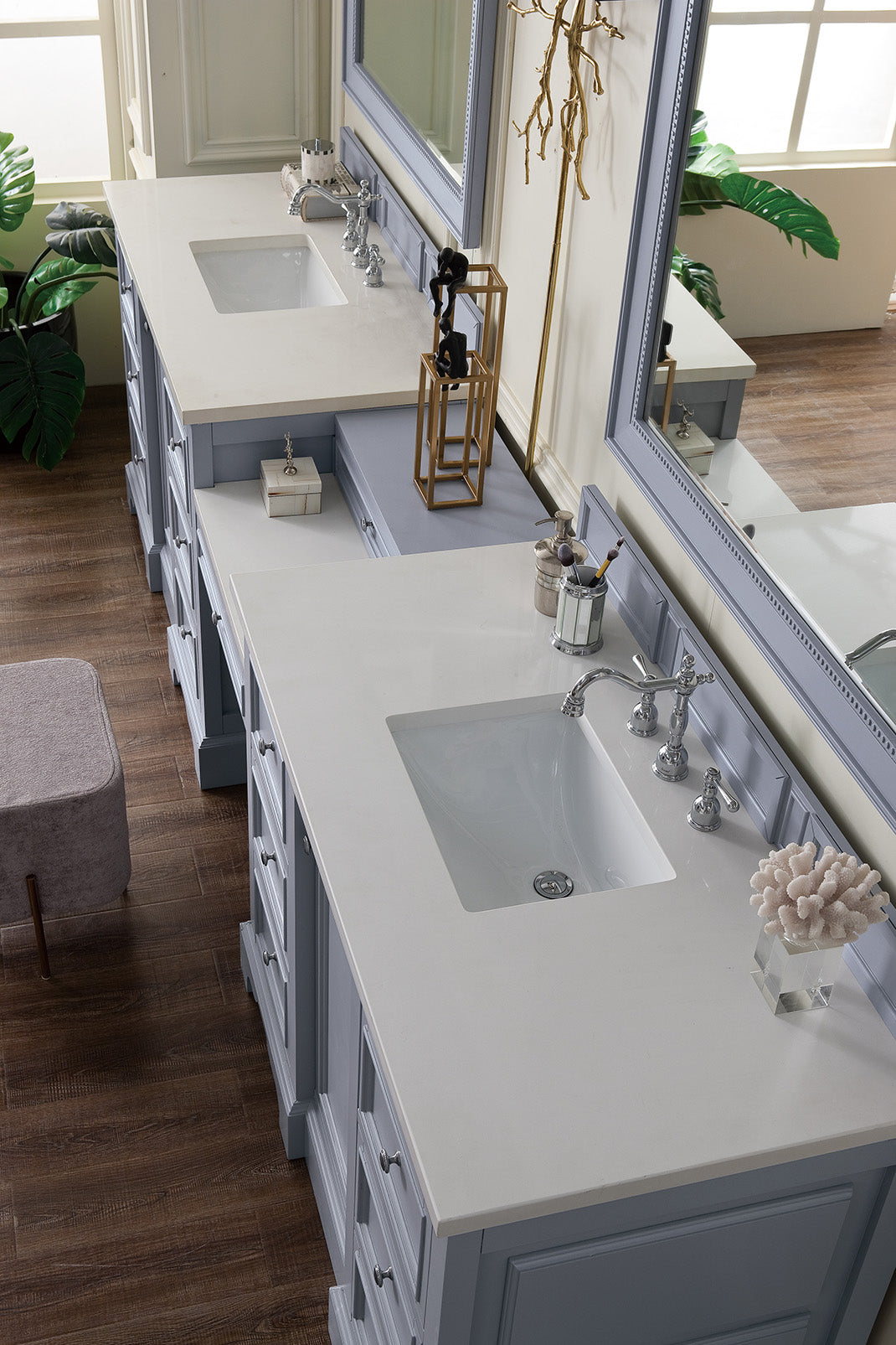 De Soto 118 Double Vanity Set with Makeup Table - Silver Gray Finish & 3CM Classic White Quartz Top | Elegant Bathroom Vanity for Master Suite, Guest Bathroom or Dressing Room Makeover