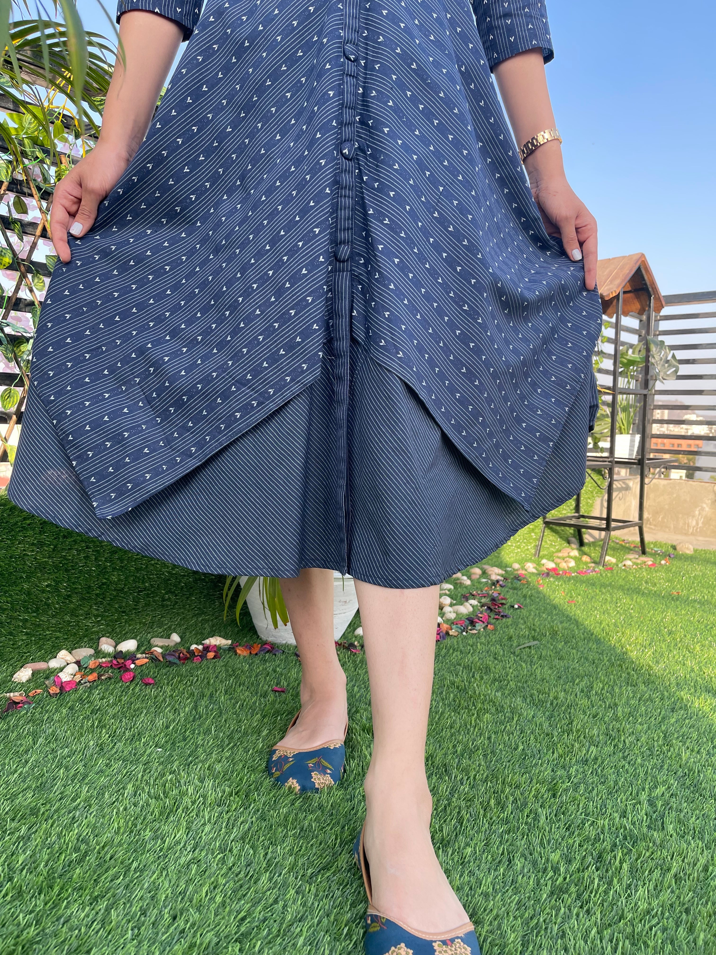 Blue Yoke Pleated Cotton Dress for Women - Summer Casual & Office Wear - Comfortable & Stylish Midi Dress