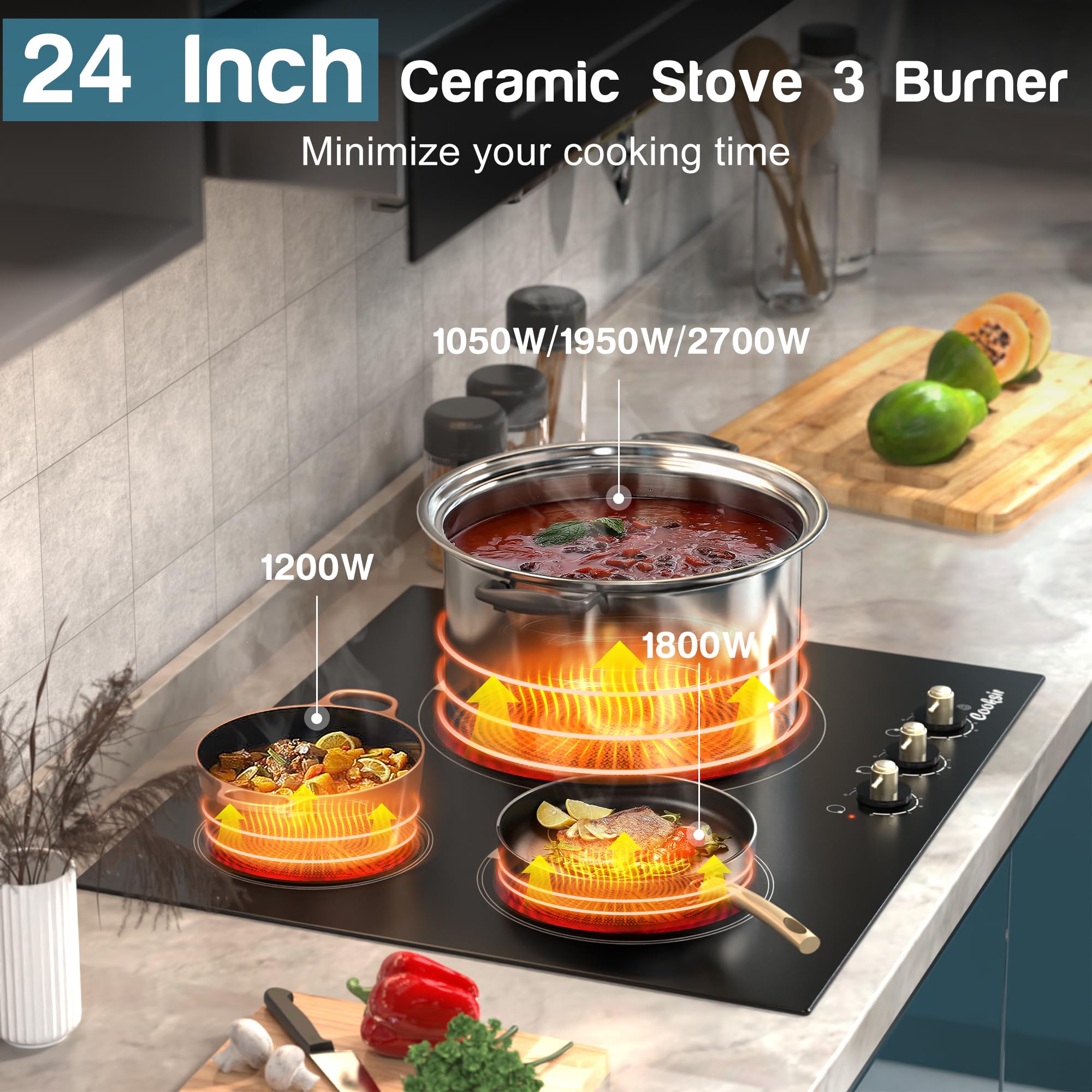24 Inch Electric Cooktop - 3 Burner Built-in Stove Top 5700W with 9 Heating Levels | Knob Control & Over-Temperature Protection | 220-240V Hard Wired (No Plug) | Perfect for Home Kitchen, RV & Small Spaces