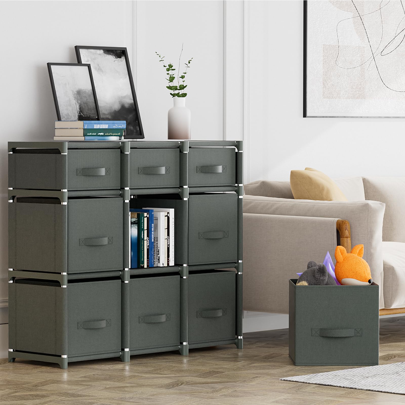 Mavivegue 9-Cube Storage Organizer Shelf with Drawers - Easy Assembly DIY Closet Organizer for Bedroom, Living Room, Dorm - Space Saving Home Organization Solution (Gray) - Perfect for Storing Clothes, Toys, Books & Home Decor