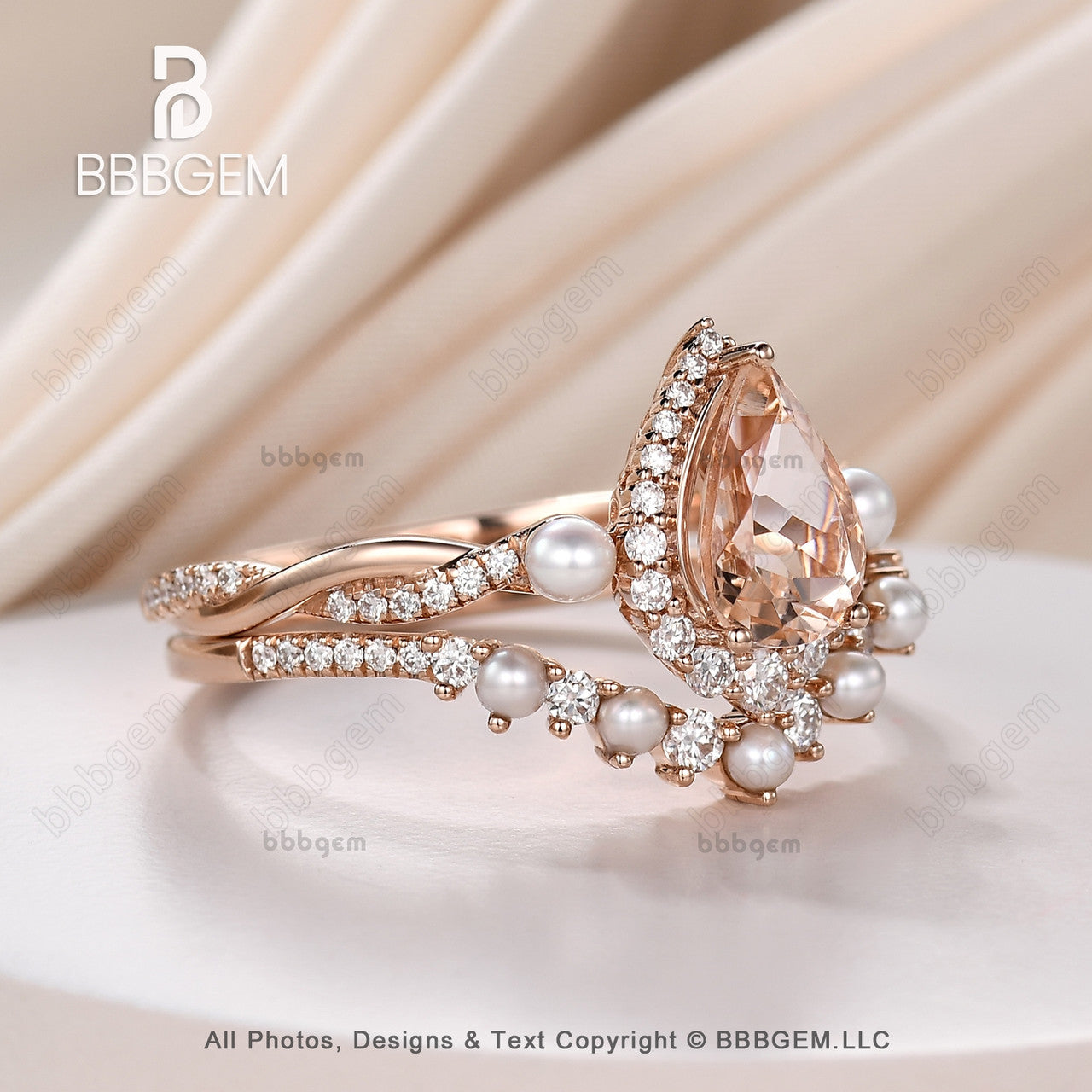 Vintage Pear Cut Natural Morganite & Pearl Three Stone Engagement Ring Set in 14k Rose Gold – Perfect for Weddings, Anniversaries, and Romantic Gifts