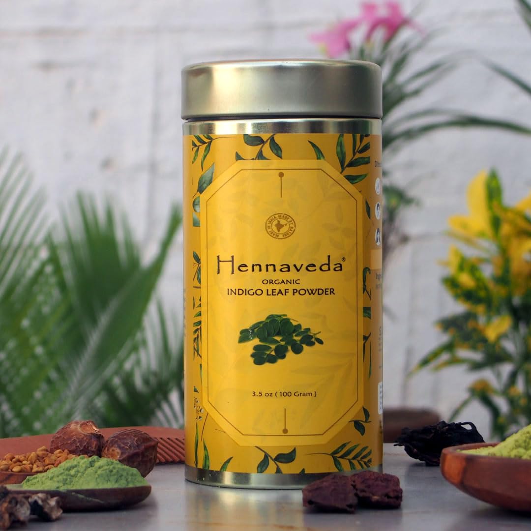 Hennaveda 100% Natural Indigo Powder for Hair Dye - 100g with Free Hair Dye Brush, Gloves & Shower Cap - DIY Herbal Hair Coloring for Gray Coverage & Natural Black Shine (Perfect for Home Hair Treatment & Organic Beauty Routine)