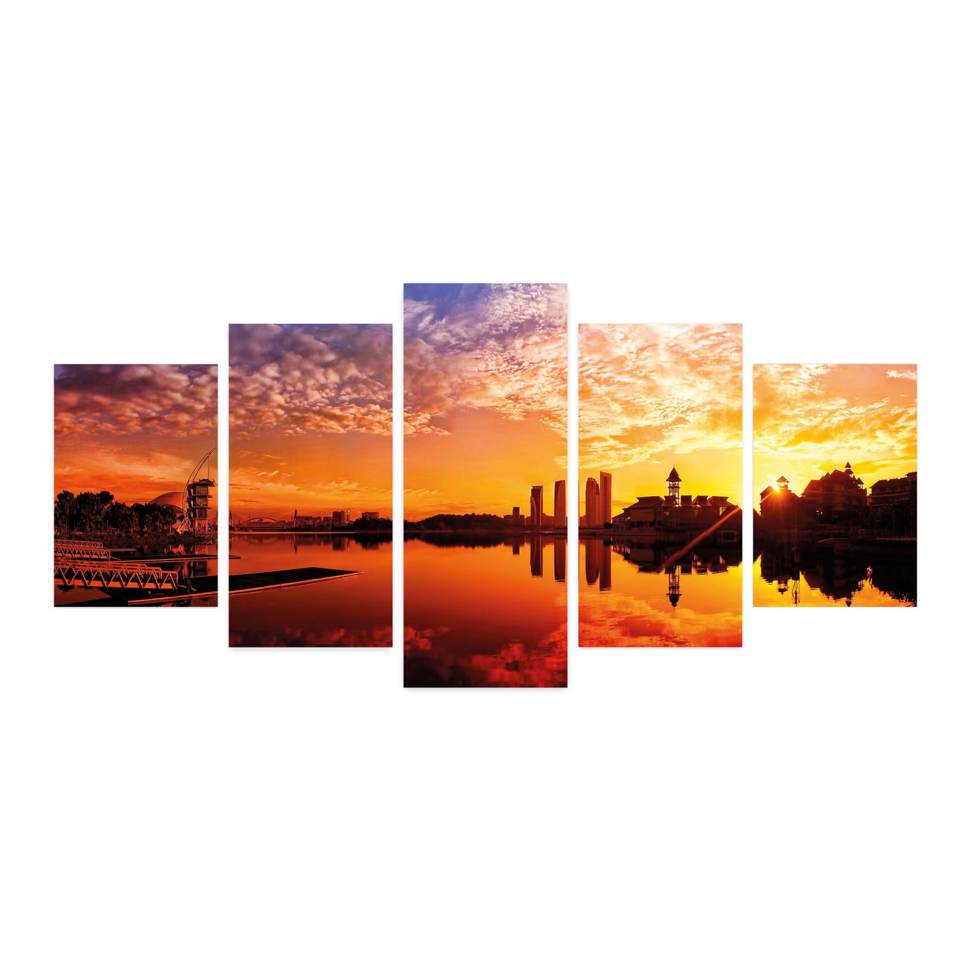 Ambesonne 5-Panel Cityscape Wall Art - Malaysian Sunset Scenery with Putrajaya Reflections, Acrylic Glass Modern Decor for Living Room, Bedroom, Dorm (60