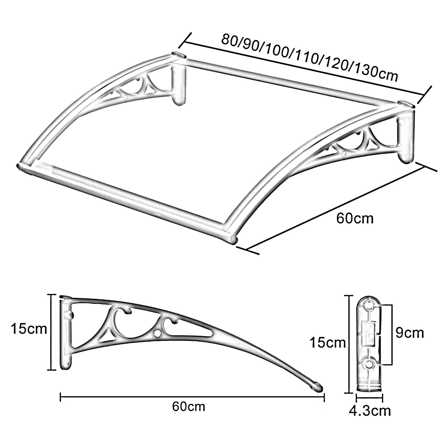 White 110x60cm Polycarbonate Front Door Canopy - Weatherproof Window Rain Shelter & Patio Porch Awning with Aluminum Bracket - Outdoor AC Cover for Rain & Snow Protection - Perfect for Home Entryway, Garden, and Window Protection