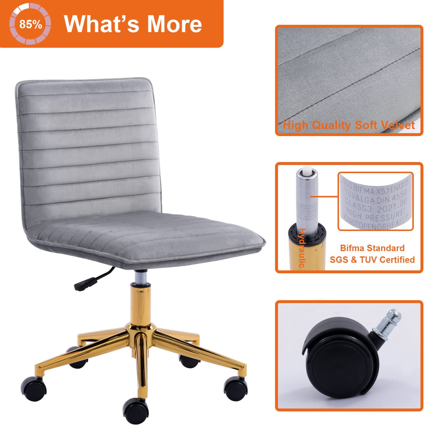 Furnimart Modern Armless Office Desk Chair - Adjustable Swivel Mid-Back Upholstered Chair for Home Office, Dorm Room & Vanity | Soft Velvet Seat (Grey) | Perfect for Teen Girls, Small Spaces & Workstations