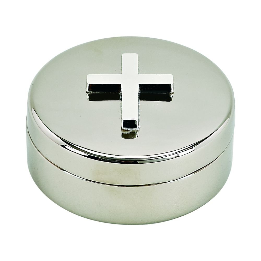 Religious Rosary Cross Jewelry Box - Nickel Plated Non-Tarnish 2.25 Inch Round Keepsake Box with Gift Packaging - Perfect for Catholic Gifts, Baptism Favors & Jewelry Storage