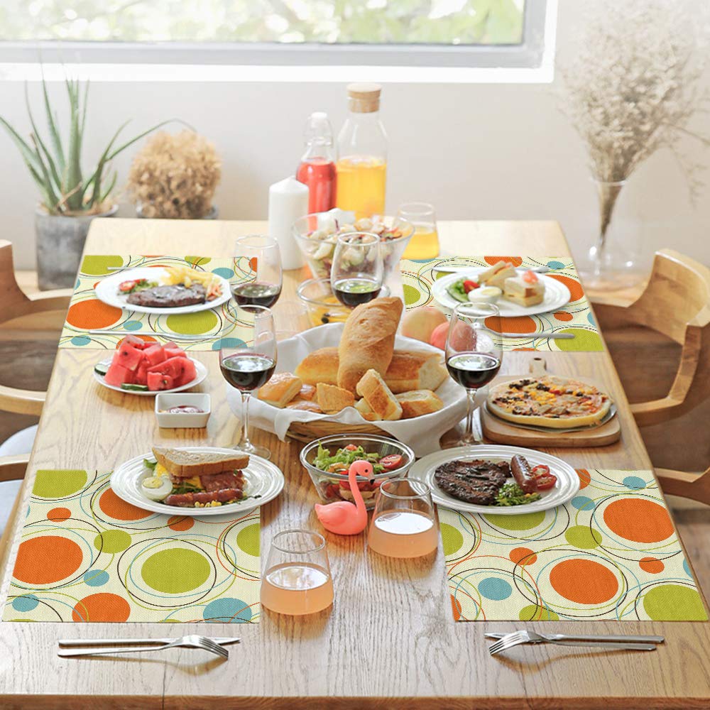AOYEGO 4-Pack Geometric Pattern Placemats - Retro Orbits Orange Green Circle Round Artistic Cotton Linen Table Mats for Dining Table (12x18 Inch) - Perfect for Home Kitchen Decor, Dinner Parties & Holiday Gatherings