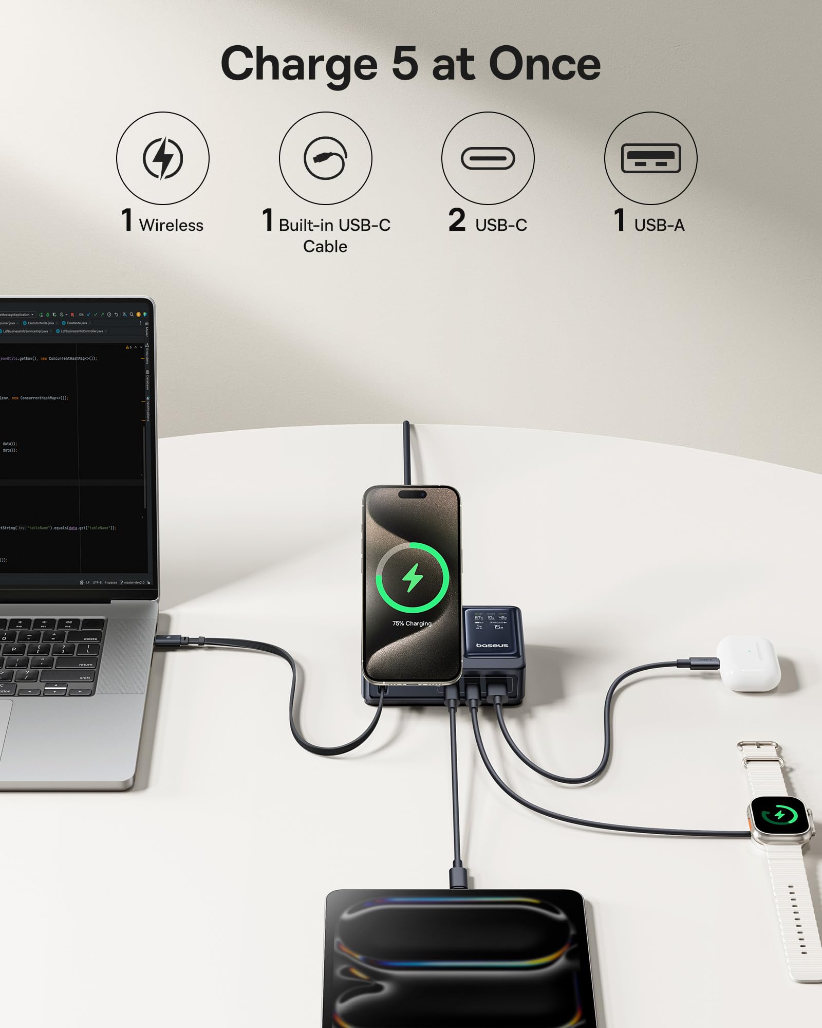 Baseus Nomos 5-in-1 140W GaN Fast Charging Station with Qi2 Certified 15W Magnetic Wireless Charger, 100W Retractable Cable - USB C Desktop Charger for Magsafe, iPhone 16/15 Pro Max, MacBook Pro - Perfect for Home, Office & Travel Charging Needs