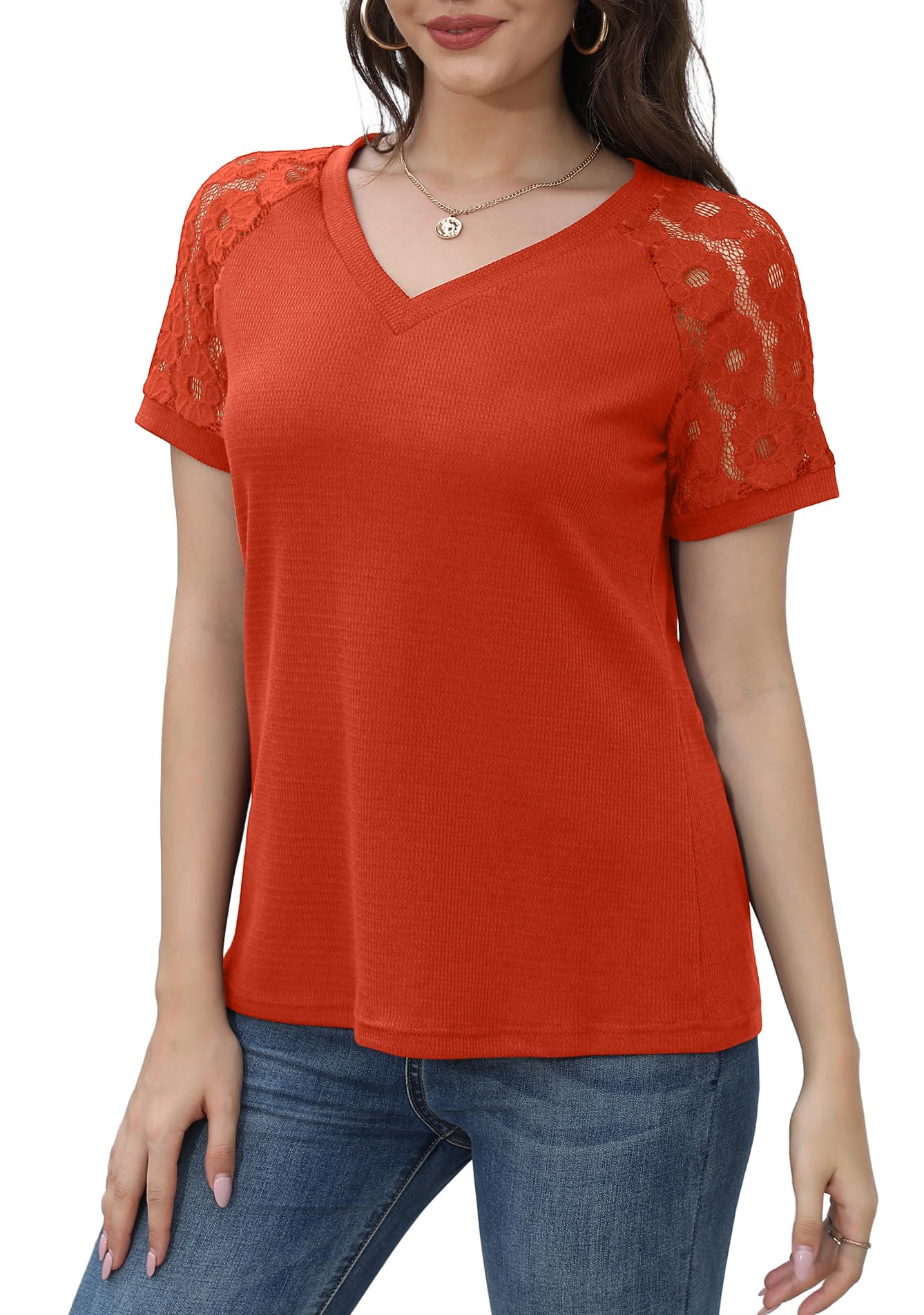Jouica Women's Summer Lace Short Sleeve V-Neck Blouse - Loose Casual Waffle Tee Top for Beach, Vacation & Everyday Wear