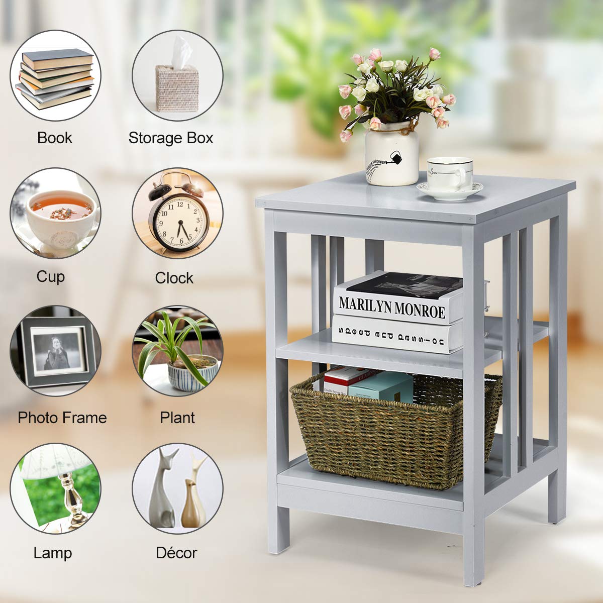 Giantex 3-Tier Nightstand Set of 2 - Modern Bedside Table with Storage Shelves & Reinforced Metal Frame - Sturdy Wooden End Table for Bedroom, Living Room - Easy Assembly, Gray - Perfect for Small Spaces & Apartment Living