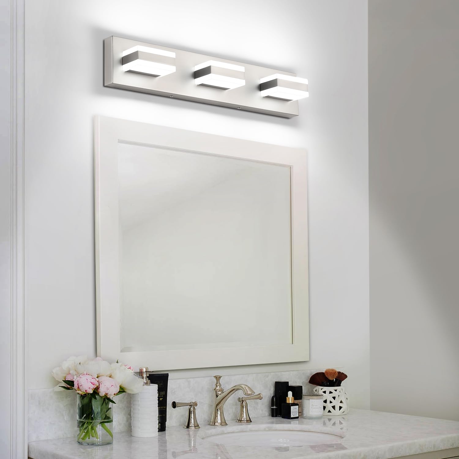 SOLFART Brushed Nickel Bathroom Vanity Lights - 3-Light LED Mirror Lighting Fixture for Bathroom Makeup Vanity, Dressing Room & Powder Room - Energy Efficient & Stylish Modern Design