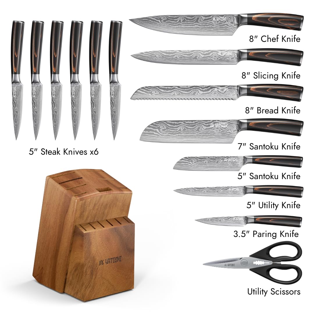 Yatoshi 15-Piece Professional Knife Block Set - Ultra Sharp High Carbon Stainless Steel Kitchen Knives with Ergonomic Handle for Chefs & Home Cooking | Perfect for Slicing, Dicing, and Food Prep