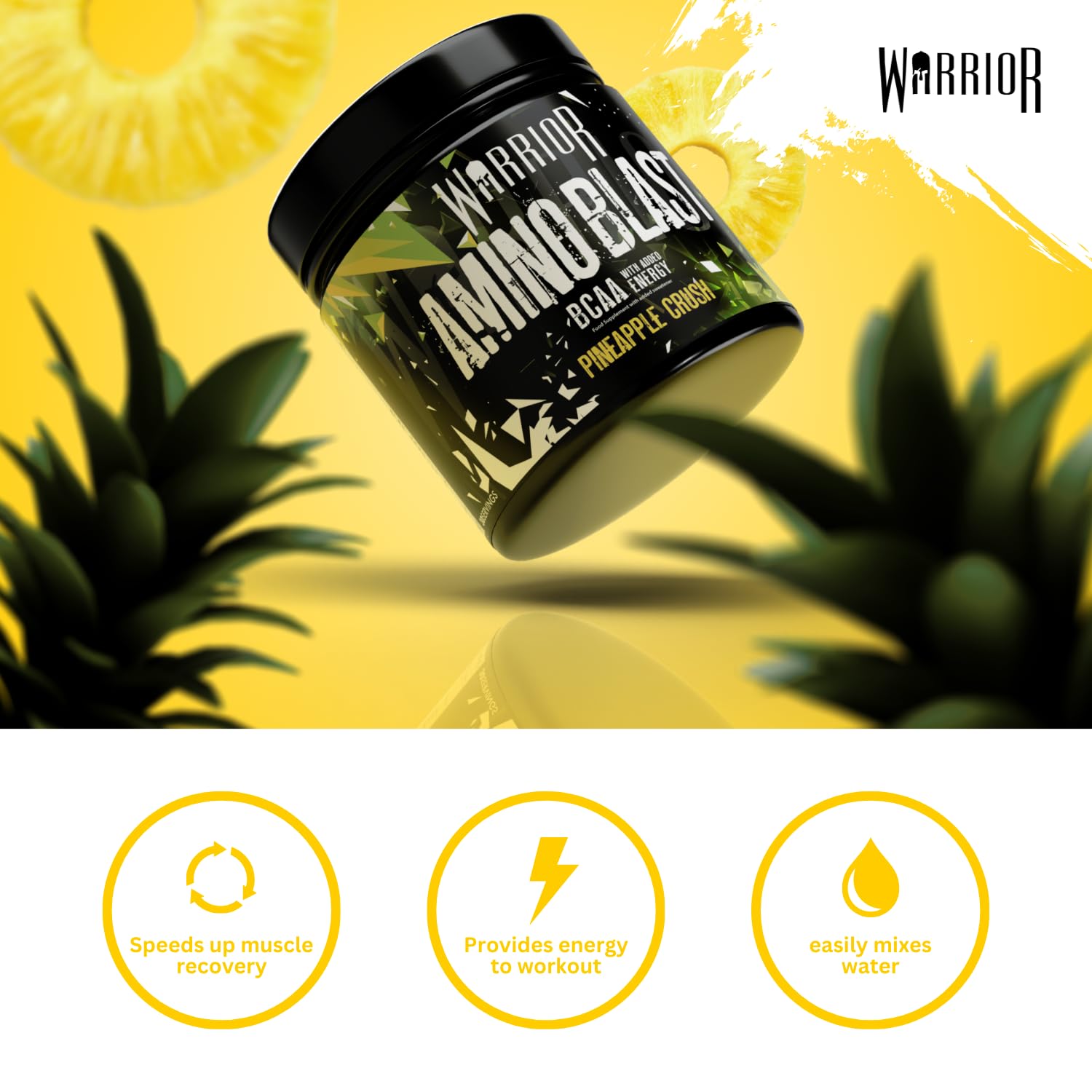 Warrior Amino Blast 270g BCAA Powder - Branched Chain Amino Acids Supplement for Workout & Recovery - Pineapple Crush Flavor Energy Drink (30 Servings) - Pre, Intra & Post Workout Boost for Athletes & Fitness Enthusiasts