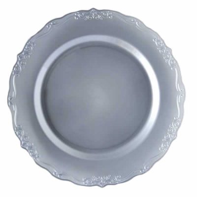 Vintage Silver Round Plastic Plates - Elegant Disposable Party Plates for Weddings, Birthdays, and Special Events