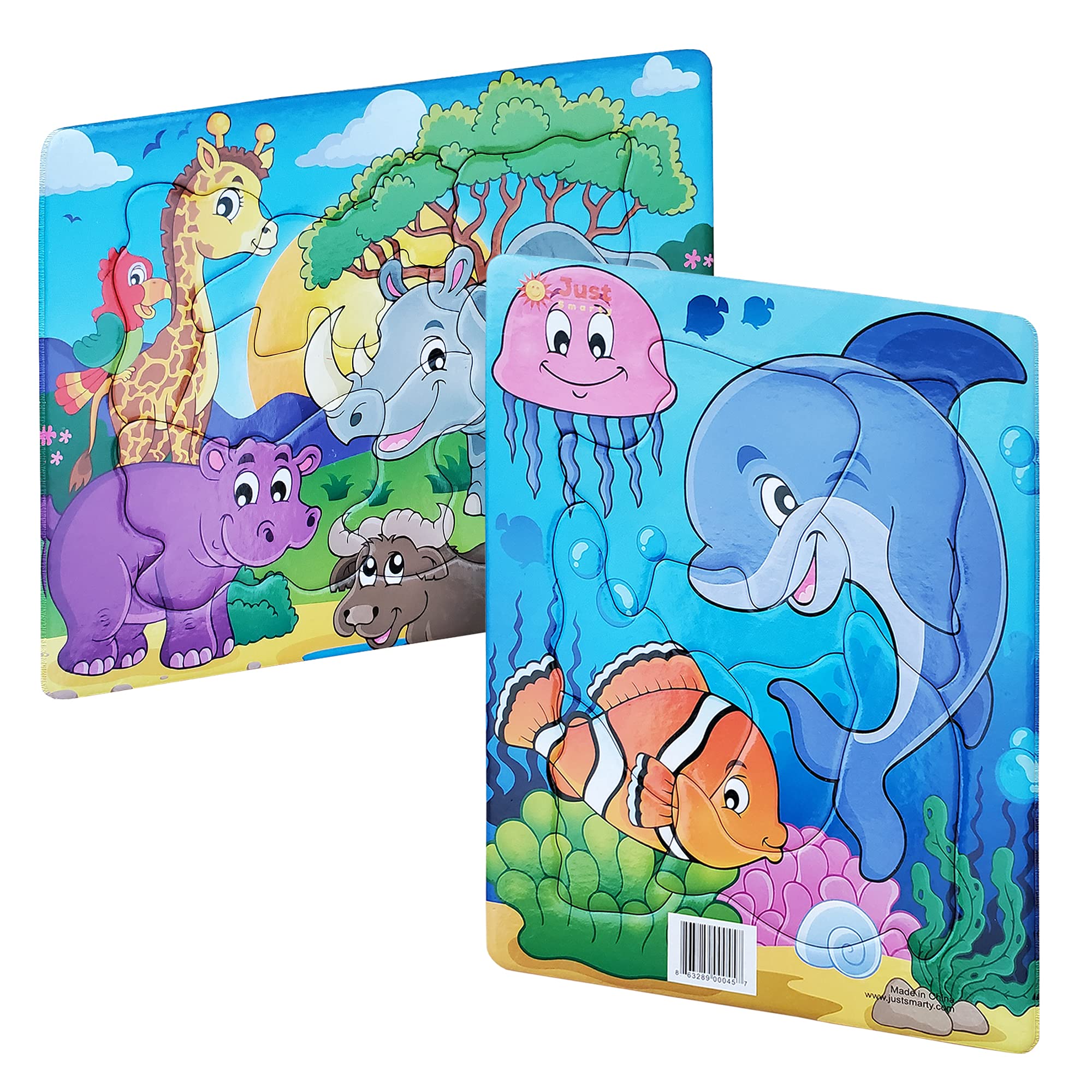 Just Smarty Toddler Puzzles Set of 2 - Ocean & Zoo Shapes for Kids 2-4 | Preschool Learning Games for Classroom & Home Play