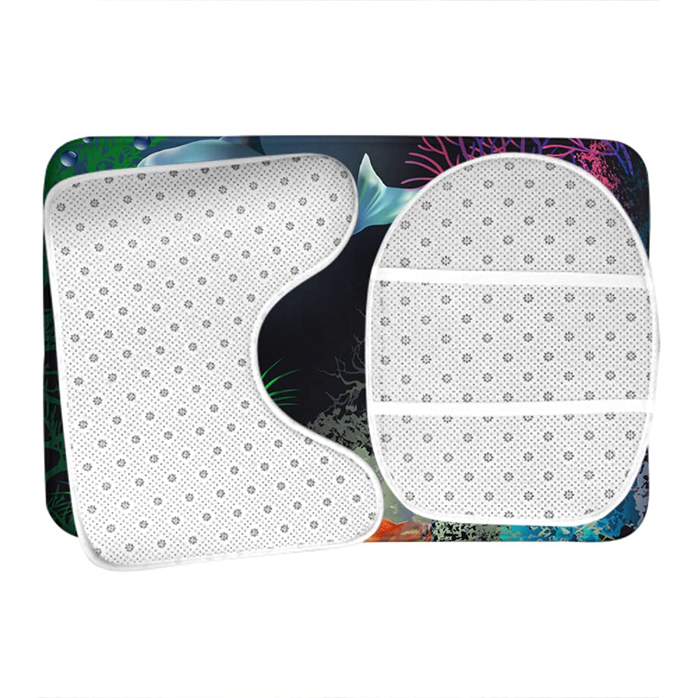 WONDERTIFY Non-Slip Bathroom Rug Set - 3 Piece Ocean Theme (Bath Mat, Contour Mat & Toilet Lid Cover) with Dolphin, Coral & Fish Design | Waterproof, Soft & Safe for Kids & Adults | Perfect for Beach House, Coastal Decor or Nautical Bathroom