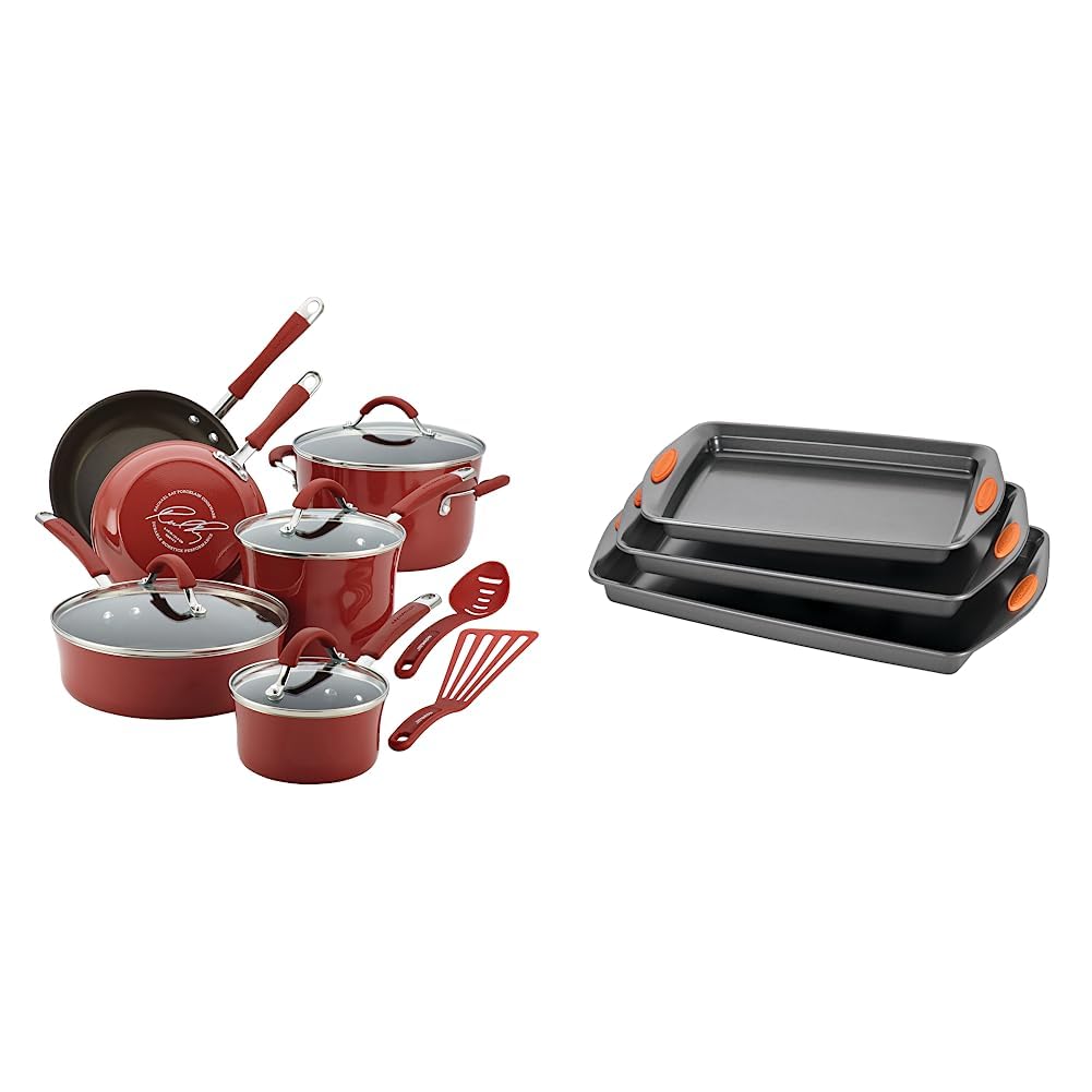 Rachael Ray Cucina 12-Piece Nonstick Cookware Set & 3-Piece Nonstick Bakeware Set with Grips - Cranberry Red Pots and Pans, Gray Baking Sheets with Orange Handles for Home Cooking, Baking Cookies, and Everyday Kitchen Use