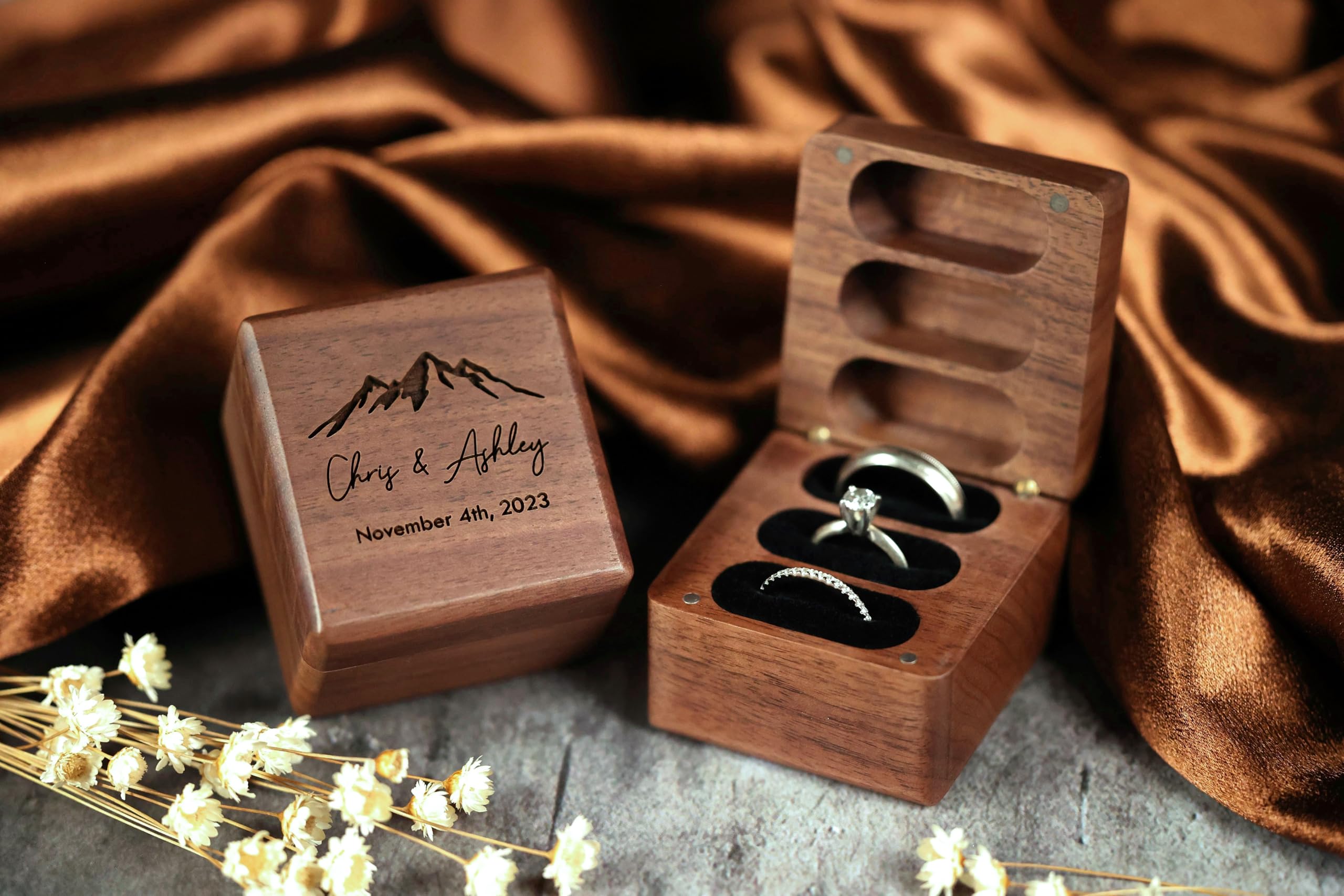 Custom Engraved Wooden Ring Box for 3 Rings - Personalized Wedding Ring Holder for Engagement & Ceremony - Handcrafted by NorthStar Engraving - Perfect for Proposals, Vow Renewals & Anniversary Gifts