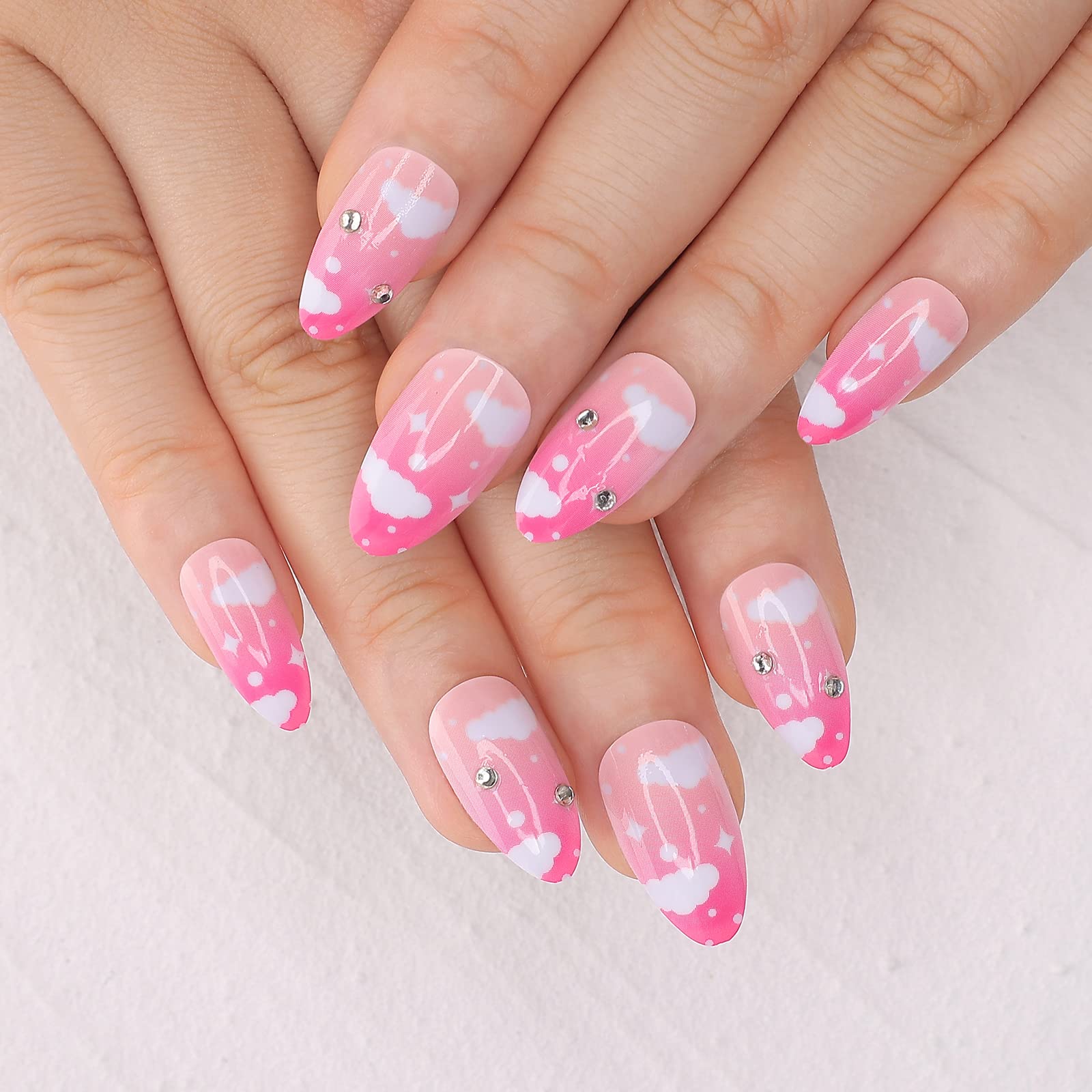 24PCS Medium Length Almond Press On Nails - Ombre Pink Acrylic Fake Nails with White Cloud & Crystal Design | Glossy Artificial Stick On Nails for Women | Perfect for Parties, Weddings & Everyday Manicures