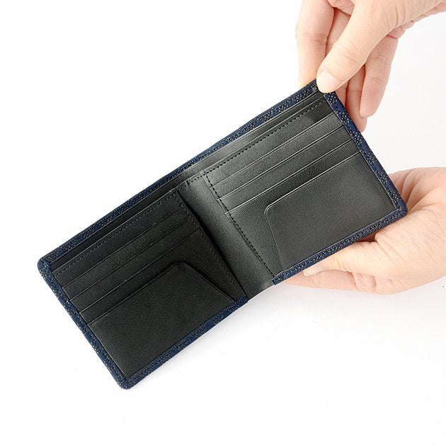 Premium Japanese Deerskin Leather Wallet with Urushi Lacquer - Handcrafted Scale Pattern in Iron Blue - Authentic Made in Japan - Perfect for Everyday Use & Luxury Gifts
