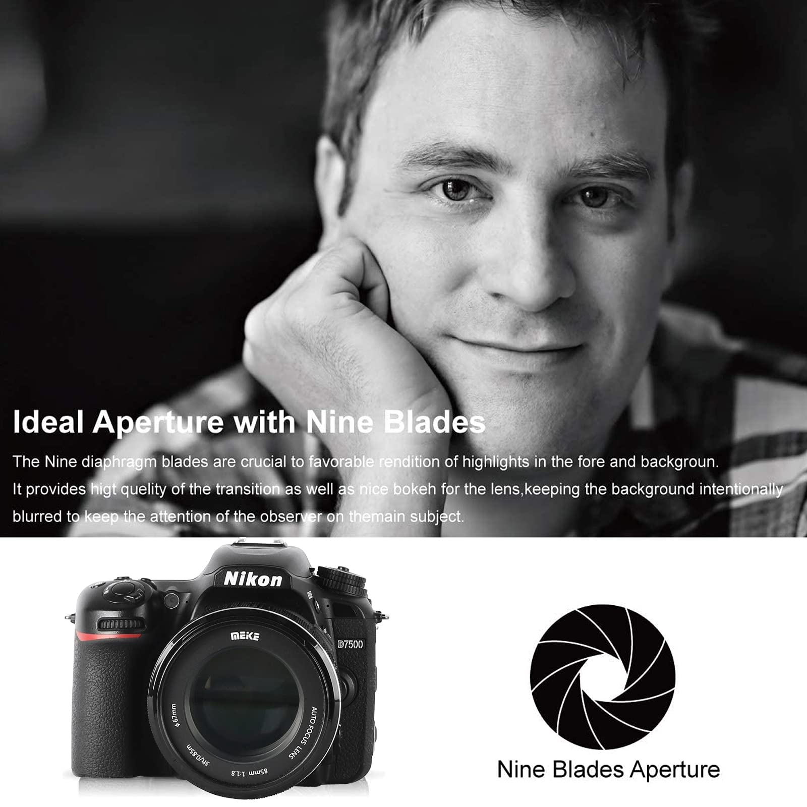 MEKE 85mm f/1.8 Large Aperture Full Frame Auto Focus Telephoto Lens for Nikon F Mount DSLR Cameras - Compatible with D610, D750, D780, D810, D850, D3300, D3500, D5100, D5200, D5300, D7100, D7200 - Perfect for Portrait, Wedding & Low Light Photography